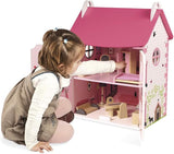 Janod - Mademoiselle Wooden Dollhouse, 3 våningar och 11 tillbehör, replikleksak, utvecklar fantasin, åldrar 3+, J06581, Pink Naty Shop Dollhouses