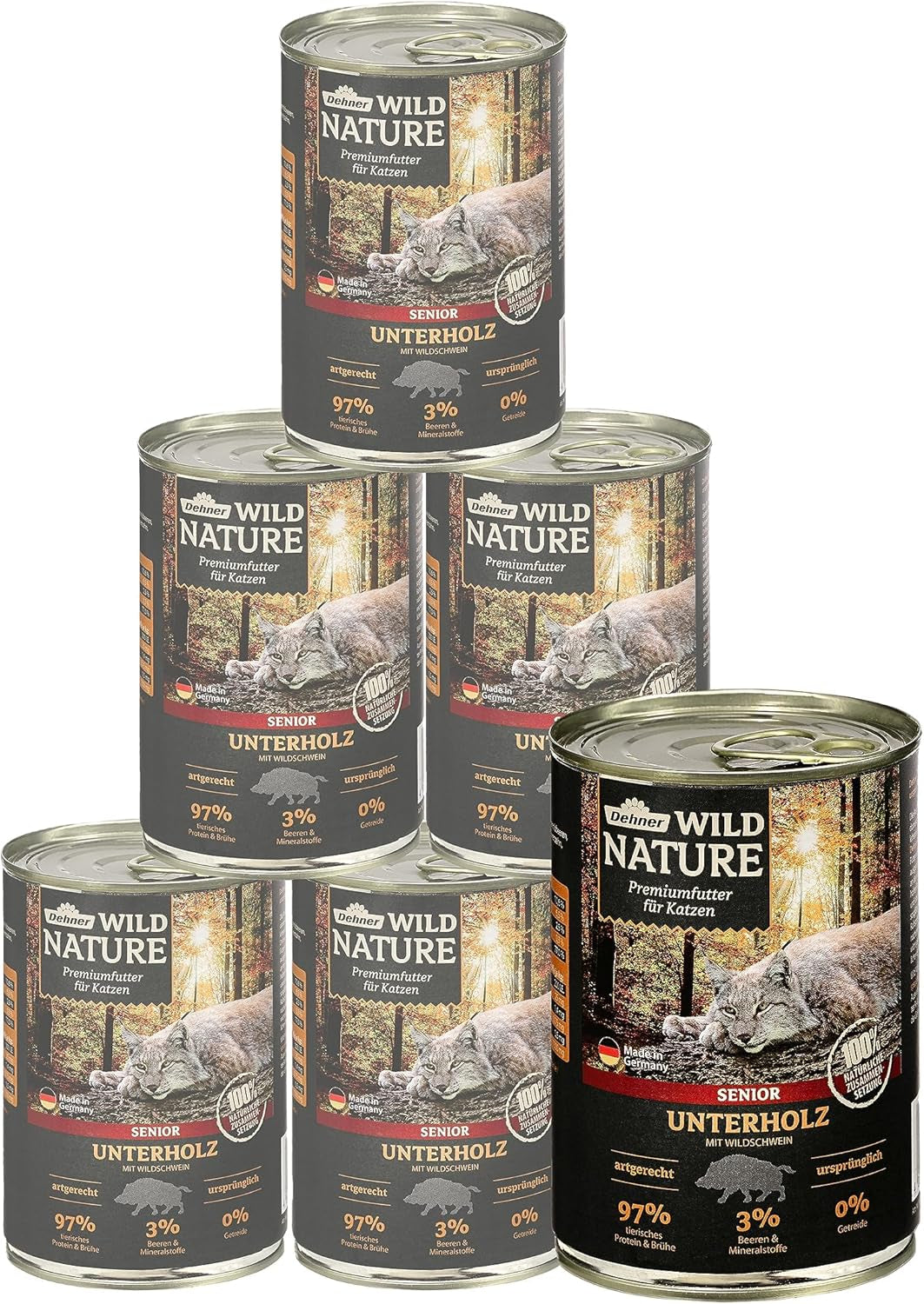 Dehner Wild Nature Katzenfutter Unterholz, Nassfutter getreidefrei / zuckerfrei, für ältere Katzen, Wildschwein, 6 x 400 g Dos, (2,4 kg)