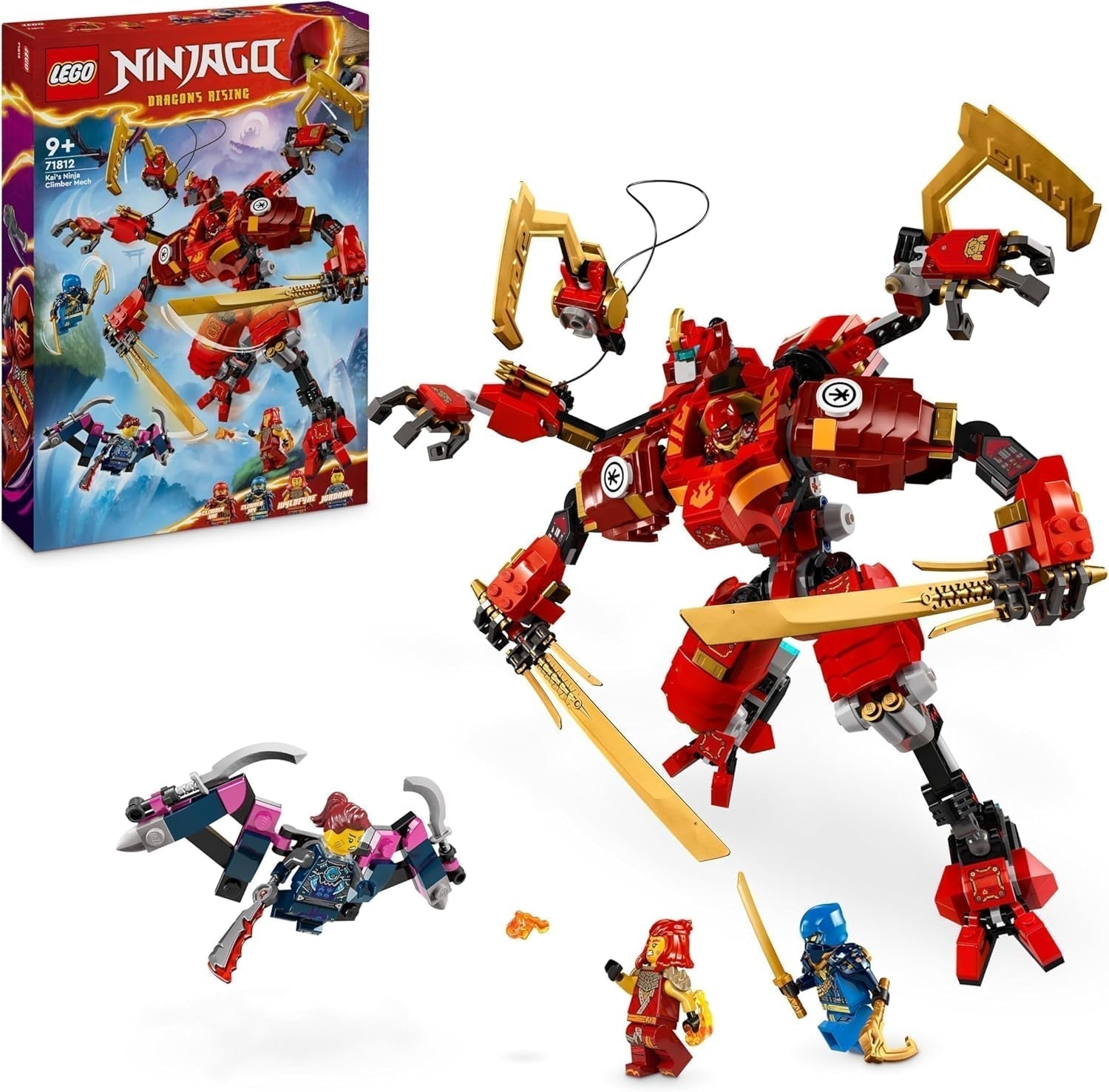 LEGO NINJAGO Kai's Ninja Climbing Mech Set, Ninja Toy med byggbar actionfigur och 4 minifigurer, Kids Adventure Set, Födelsedagspresent för 9 år gamla pojkar och flickor 71812 Byggset Beuche den LEGO-Store Single