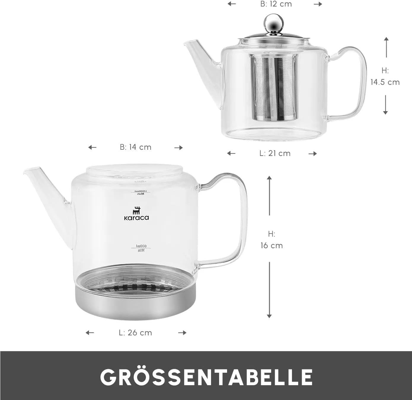 Karaca Dora Borosilikatglas vattenkokare med rostfritt stål teinfuser, 2L vattenkokare och 1L glasvattenkokare med infuser, turkisk vattenkokare, Caydanlik, turkisk örttebryggare, löst te, XL