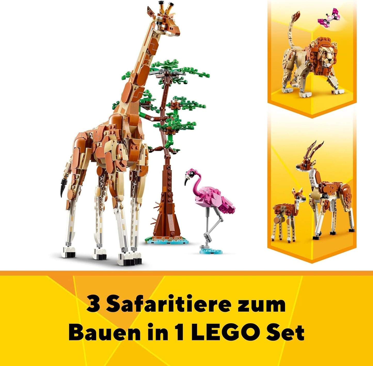 LEGO Creator 3In1 Animal Safari, kreativt set med djurfigurer, 3 byggalternativ: Leksaksgiraff, gasell och lejon, leksaksdjur för flickor och pojkar, naturpresent för barn från 9+ år 31150 Byggset Beuche den LEGO-Store