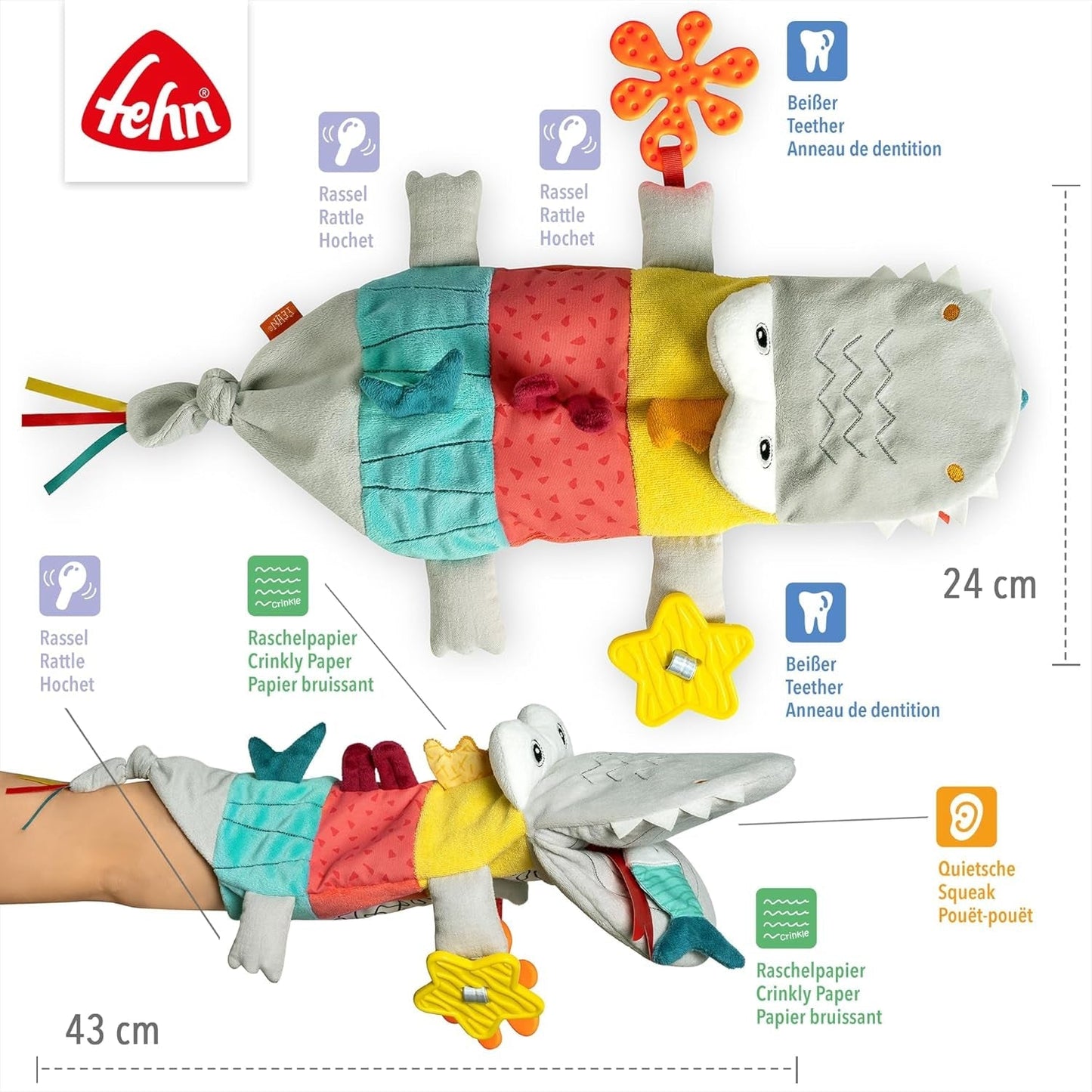 Fehn Baby Handdocka Krokodil - Plyschleksak med skallra, prasslande papper, bitring och gnissling - Babyhanddocka - Poppande leksak för spädbarn och småbarn 6+ månader Babyleksaker Naty Shop