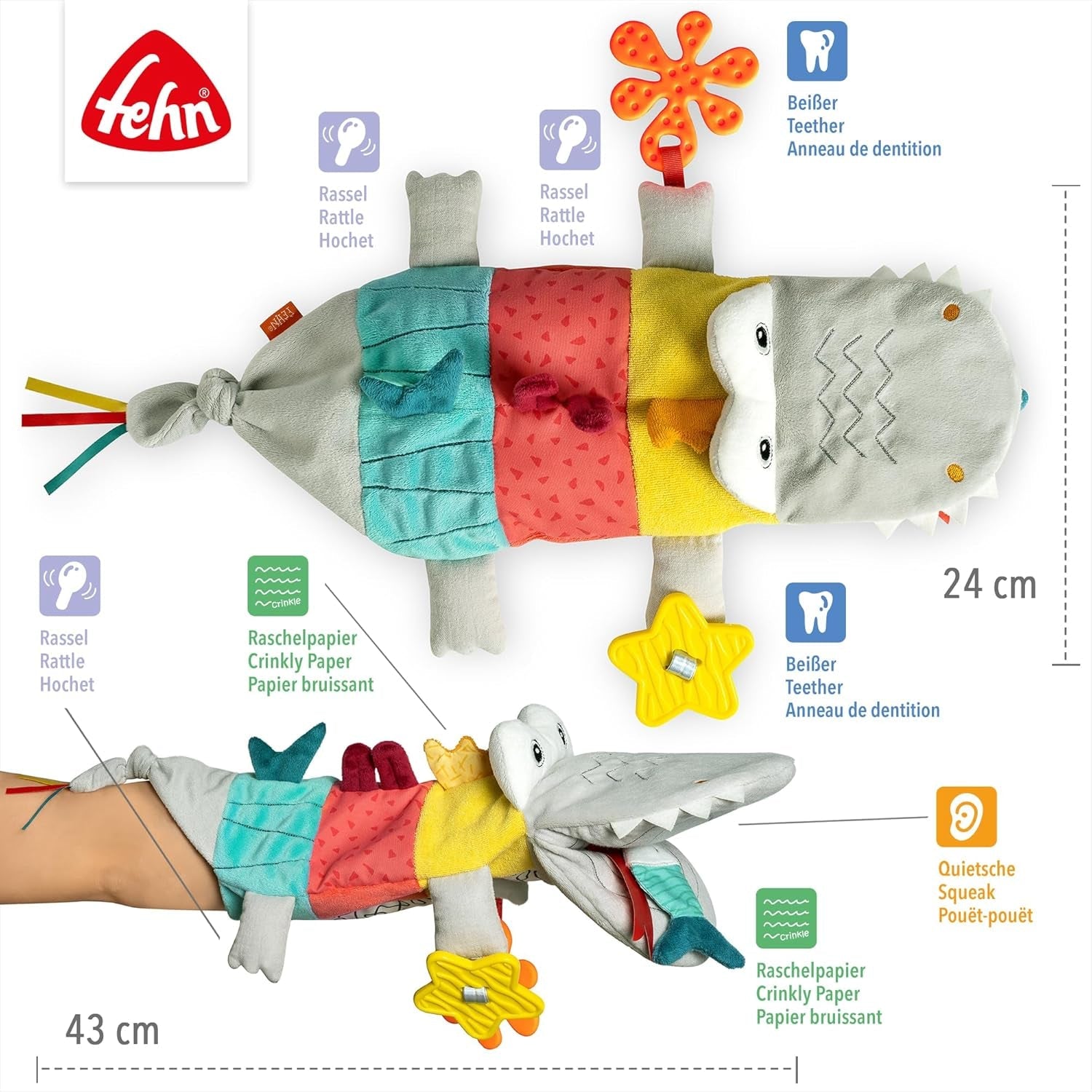 Fehn Baby Handdocka Krokodil - Plyschleksak med skallra, prasslande papper, bitring och gnissling - Babyhanddocka - Poppande leksak för spädbarn och småbarn 6+ månader Babyleksaker Naty Shop