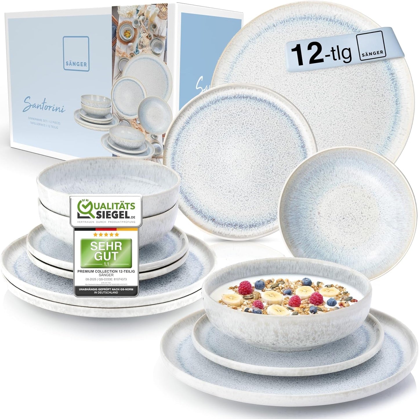 SANGER | 12 delar Santorini servisset 4 personer tallrik set MYCKET BRA betygsatt stengods servis set inklusive middagstallrikar, desserttallrikar och suma tallrikar Creme Lila Blå Gradient | PREMIUM KOLLEKTIONEN