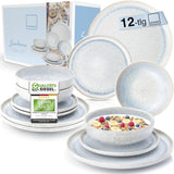 SANGER | 12 delar Santorini servisset 4 personer tallrik set MYCKET BRA betygsatt stengods servis set inklusive middagstallrikar, desserttallrikar och suma tallrikar Creme Lila Blå Gradient | PREMIUM KOLLEKTIONEN