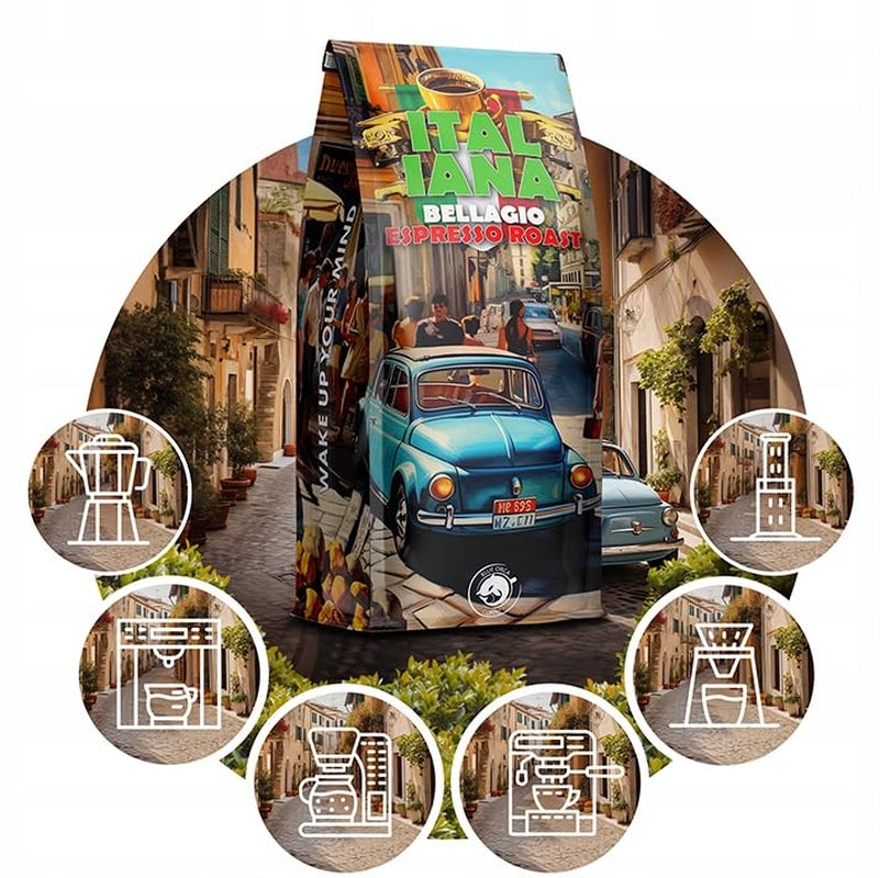 Rostade kaffebönor Italiana Bellagio 1kg | 80 % Arabica och 20 % Robusta | med inslag av nötter och mörk choklad | nyrostad, låg syra | för kaffemaskiner | Blue Orca Coffee