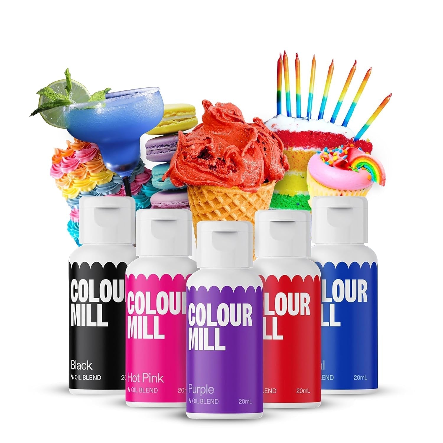 Color Mill Liquid Food Coloring Set - 5 x 20 ml oljebaserad (svart, varm rosa, lila, röd och blå) - UV-beständig - Perfekt för bakning och som topping för tårtor, muffins och tårtdekorationer