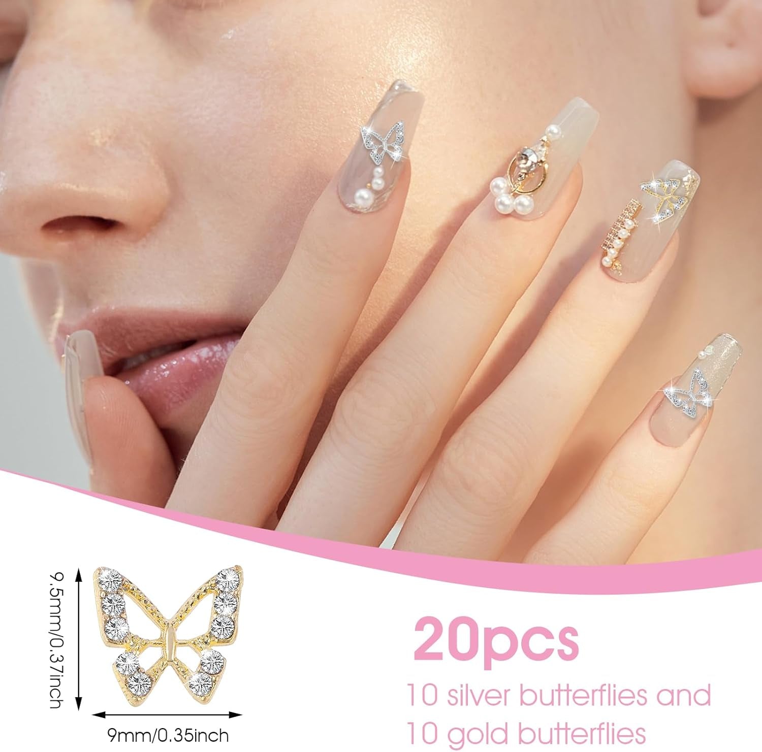 20st Glitter Butterfly Nail Charms, Nail Art Strass, Nagelstenar, Butterfly Nail Art, Strass, Alla hjärtans dag Nagelberlocker, Gör-det-själv-mobilfodraldekoration