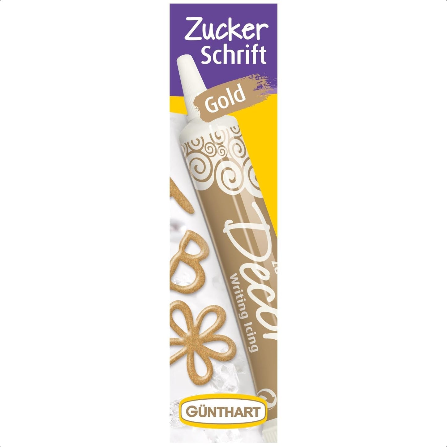 Günthart Backdecor 25 g Socker med bokstäver GULD För alla desserter i gyllene färg Tillverkad av socker för vackra bokstäver och motiv, 1 förpackning (25 g)