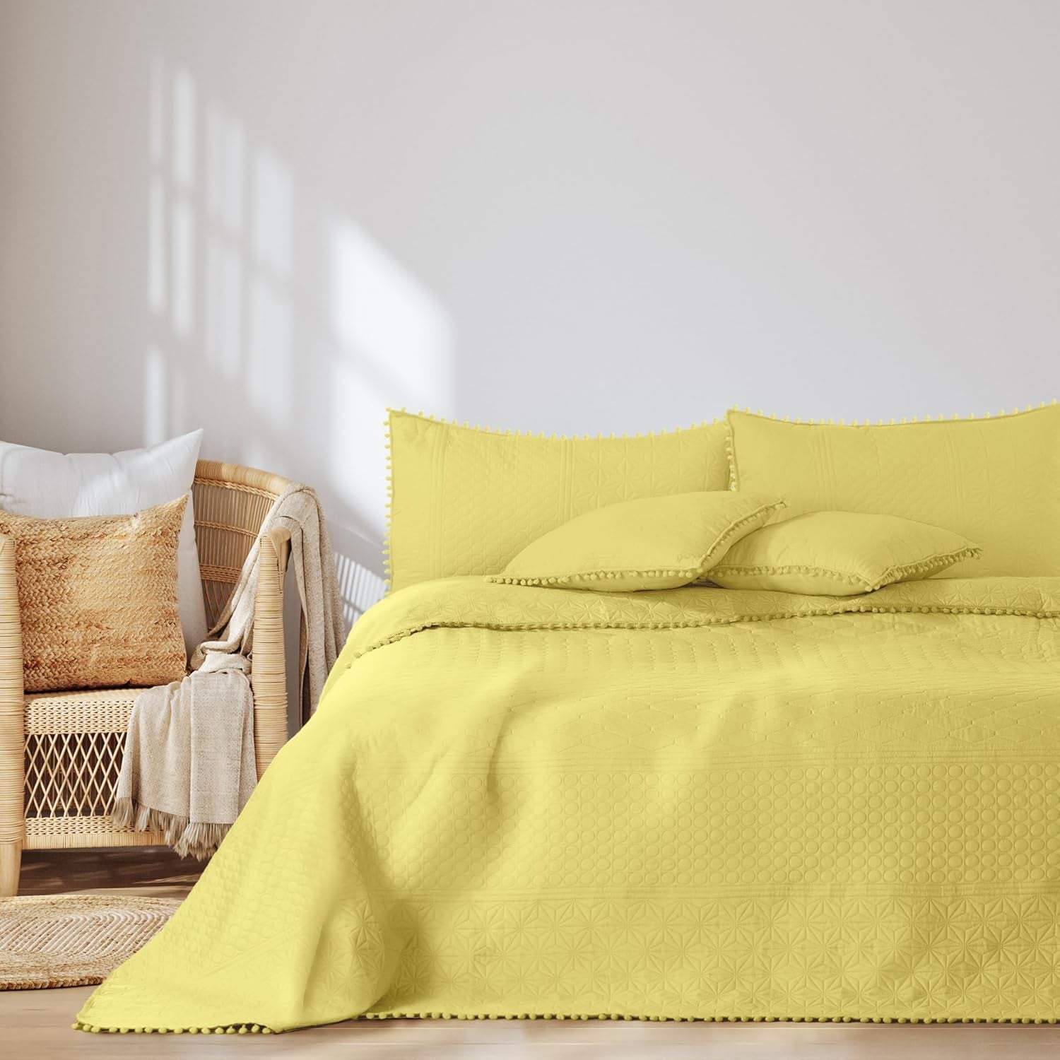 Ameliahome Överkast med pompoms 220X240 Cm Dubbelsidigt överkast Ultrasonic Quilting Polyester Meadore Grå Sängar och filtar Besuche den AmeliaHome-Store Meadore gul 220X240 Cm