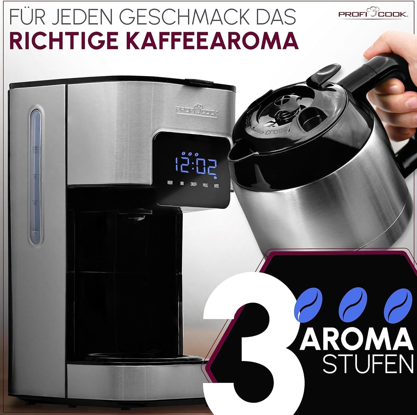 Kaffemaskin Profi Cook | 8-10 koppar | Timer | Sensor Touch-kontroller | 1,2 liter dubbelvägg termokanna | Smakförsegling | Kaffebryggare med filter i rostfritt stål | PC-KA 1191