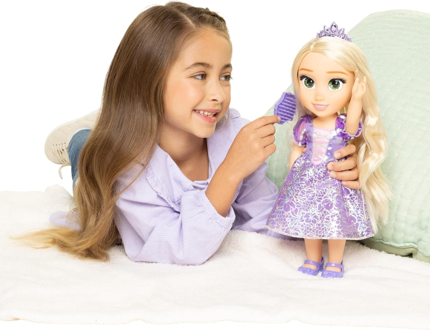 Disney Princess Rapunzel 35 cm docka, reflekterande glitterögon, rörliga leder, avtagbar klänning, skor, krona, långt blont hår, för tjejer 3+