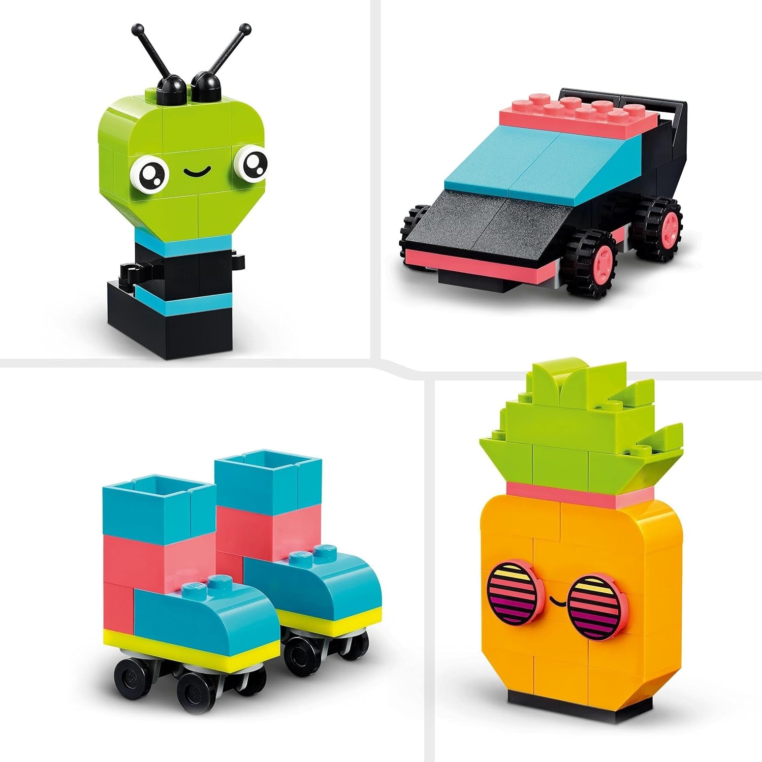 LEGO 11027 Classic Neon Creative Building Set, Brick Box Set, Byggleksak med modeller: bil, ananas, alien, rullskridskor, figurer och mer, för barn från 5 år och uppåt Byggset Besuche den LEGO-Store