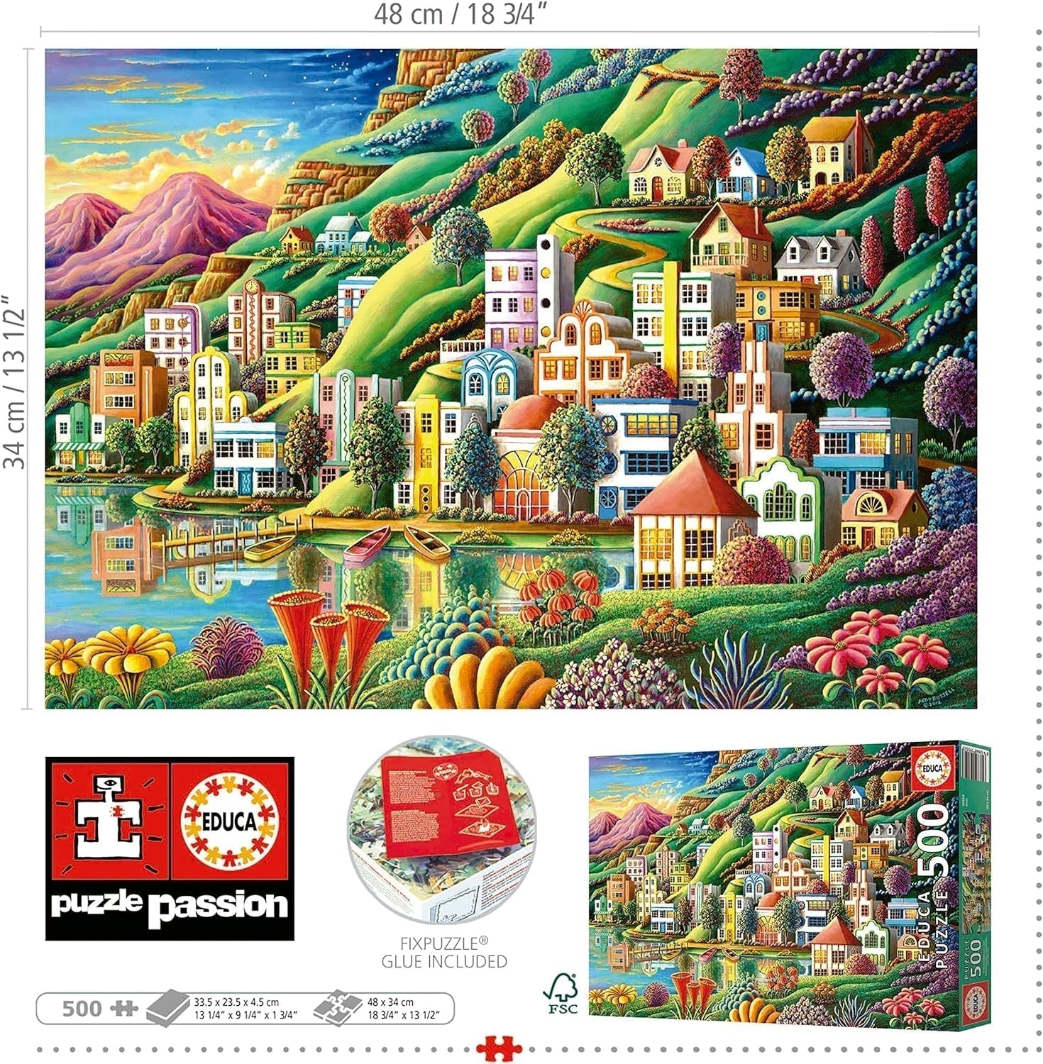 Educa - Pussel 500 bitar för vuxna | Färgglad by vid sjön, 500-bitars pussel för vuxna och barn från 11 år, landskapspussel, illustration (19552) Puzzle Naty Shop