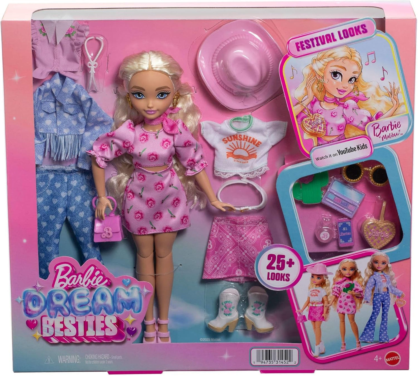 Barbie Dream Besties Festival Looks Set, med Barbie Malibu docka med långt blont hår för styling och över 10 avtagbara kläder och accessoarer, JGH87