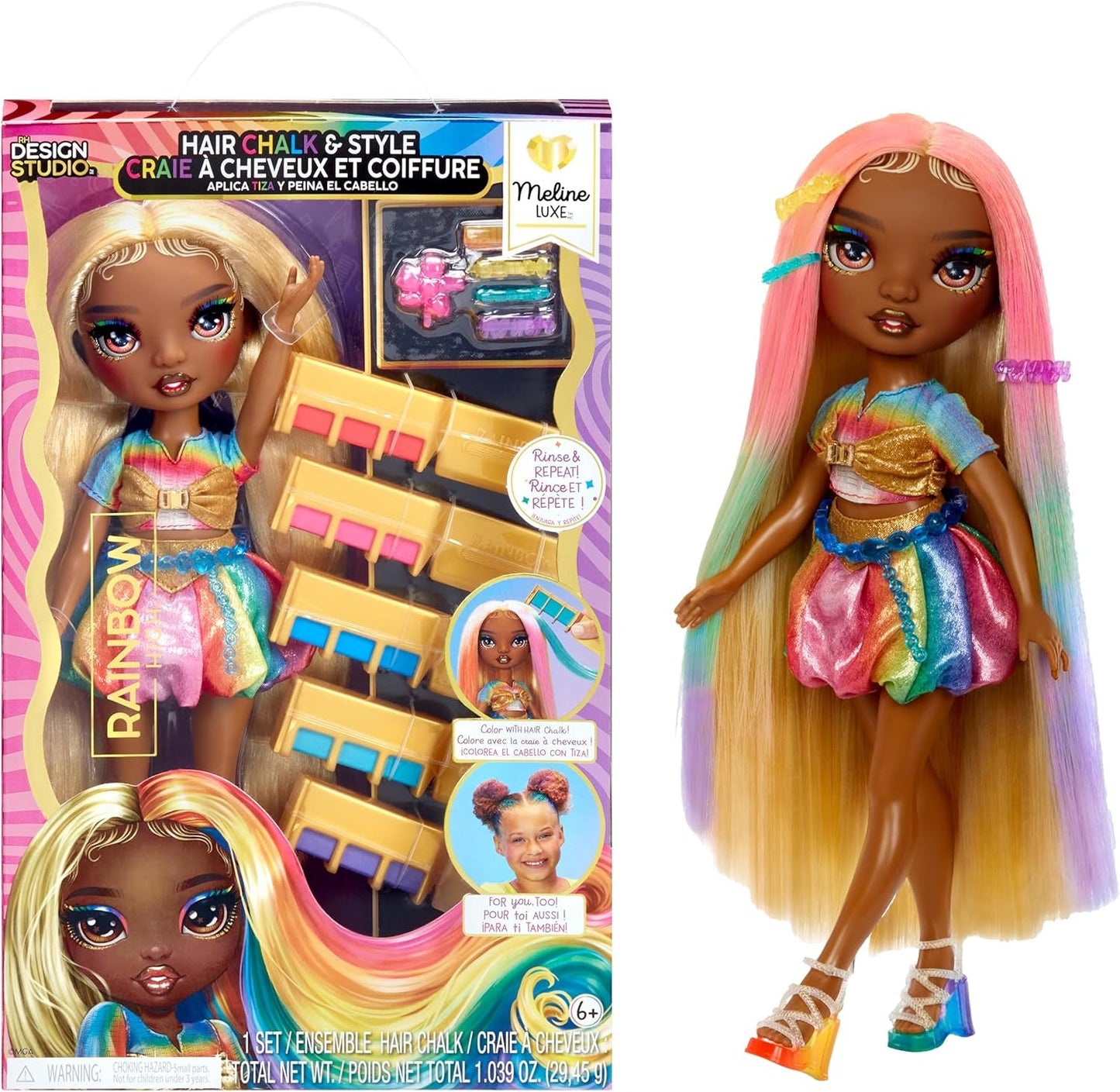 Rainbow High Hair Chalk & Styling Doll - Meline - 28 cm regnbåge och guld tvättbar hårkritdocka, färgning, styling, lek, skölj och repetera, för barn i åldern 4-12 år