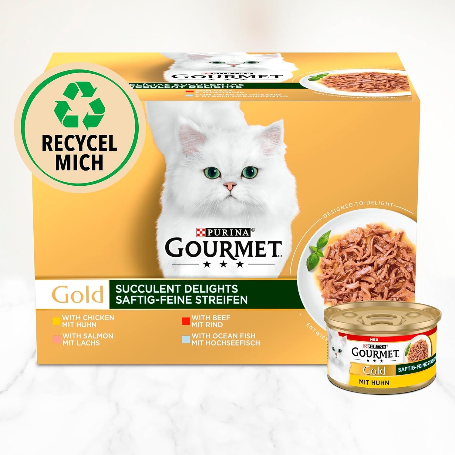 Gourmet suckulenta remsor i guld, våt kattmat med kyckling, förpackning om 12 (12 x 85 g)
