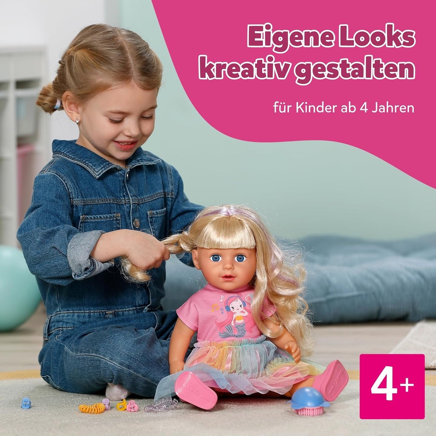 BABY born Carla - 43 cm docka - högkvalitativt blont hår med trådar - inga batterier krävs - lämplig för barn från 4 år och uppåt - innehåller 7 tillbehör, rosa