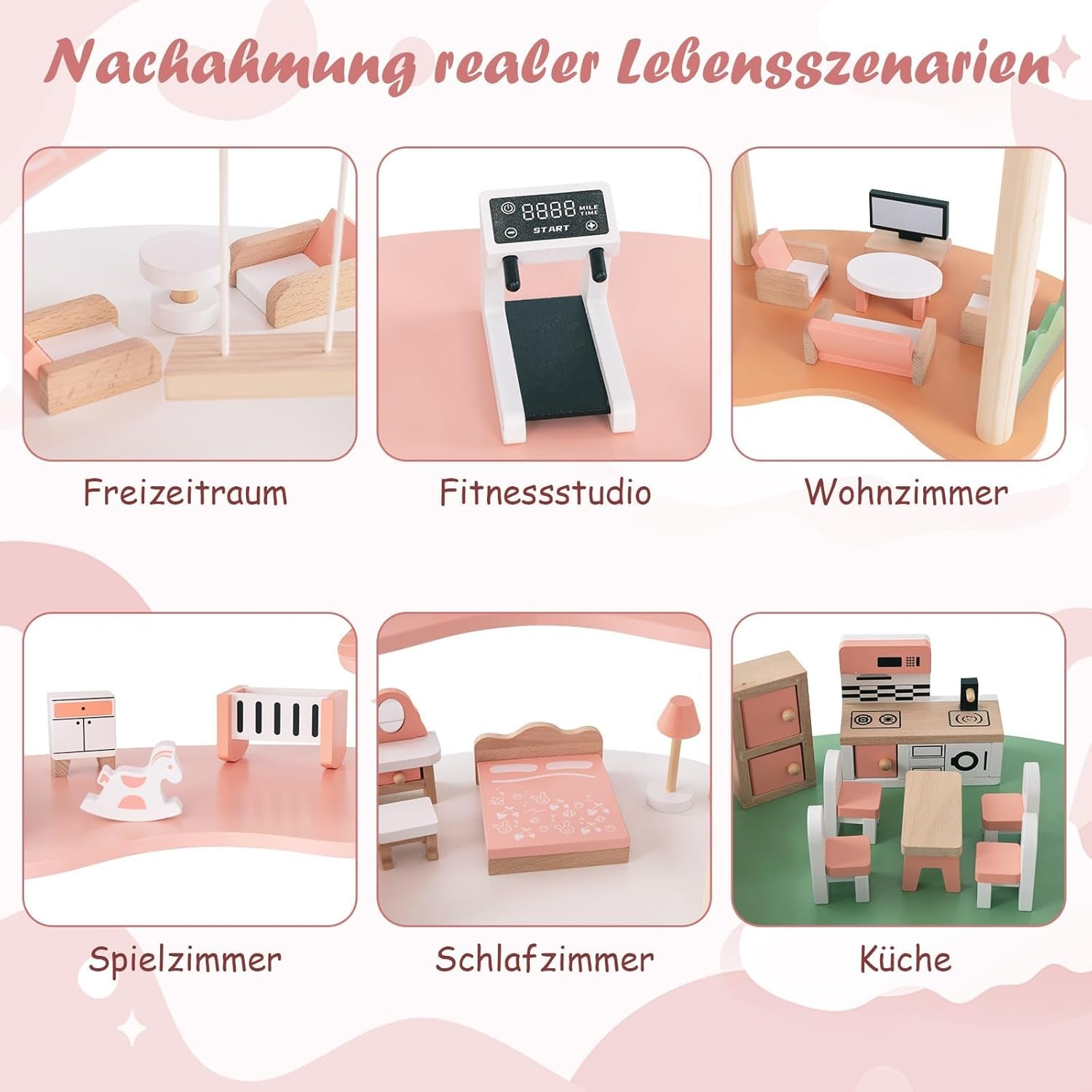 FANTASK dockskåp i trä, 85 cm höjd 7-rumsdockhus med 32 möbler och tillbehör, dockskåp med repstege, dockhuspresent för 3-åriga flickor (modell 3) Naty Shop dockskåp
