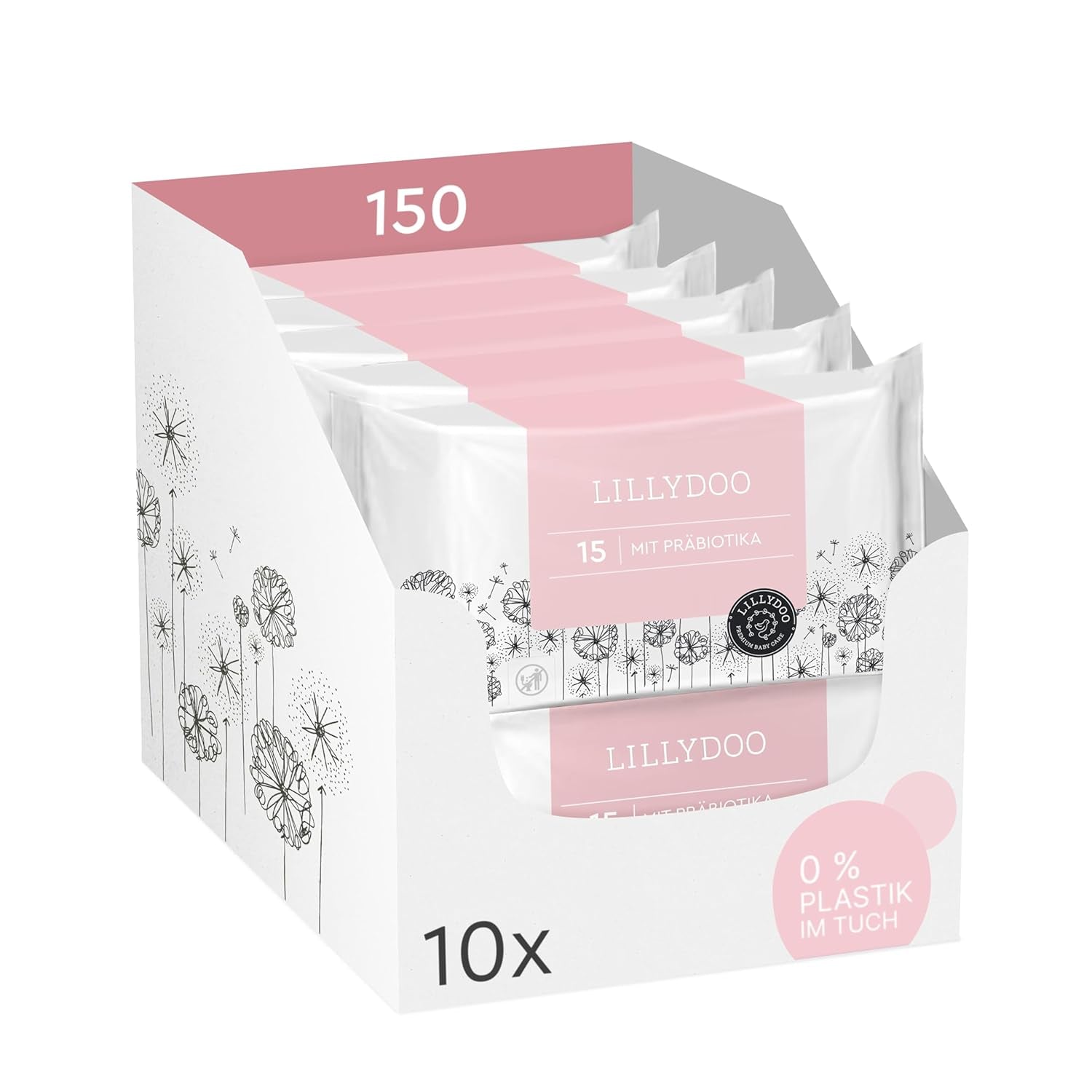 LILLYDOO Gröna våtservetter, 600 antal (10 x 60), 100 % plastfri tårbeständig våtservett - Doftfri, skonsam och naturlig, skonsam rengöring för känslig hud, dermatologiskt testad