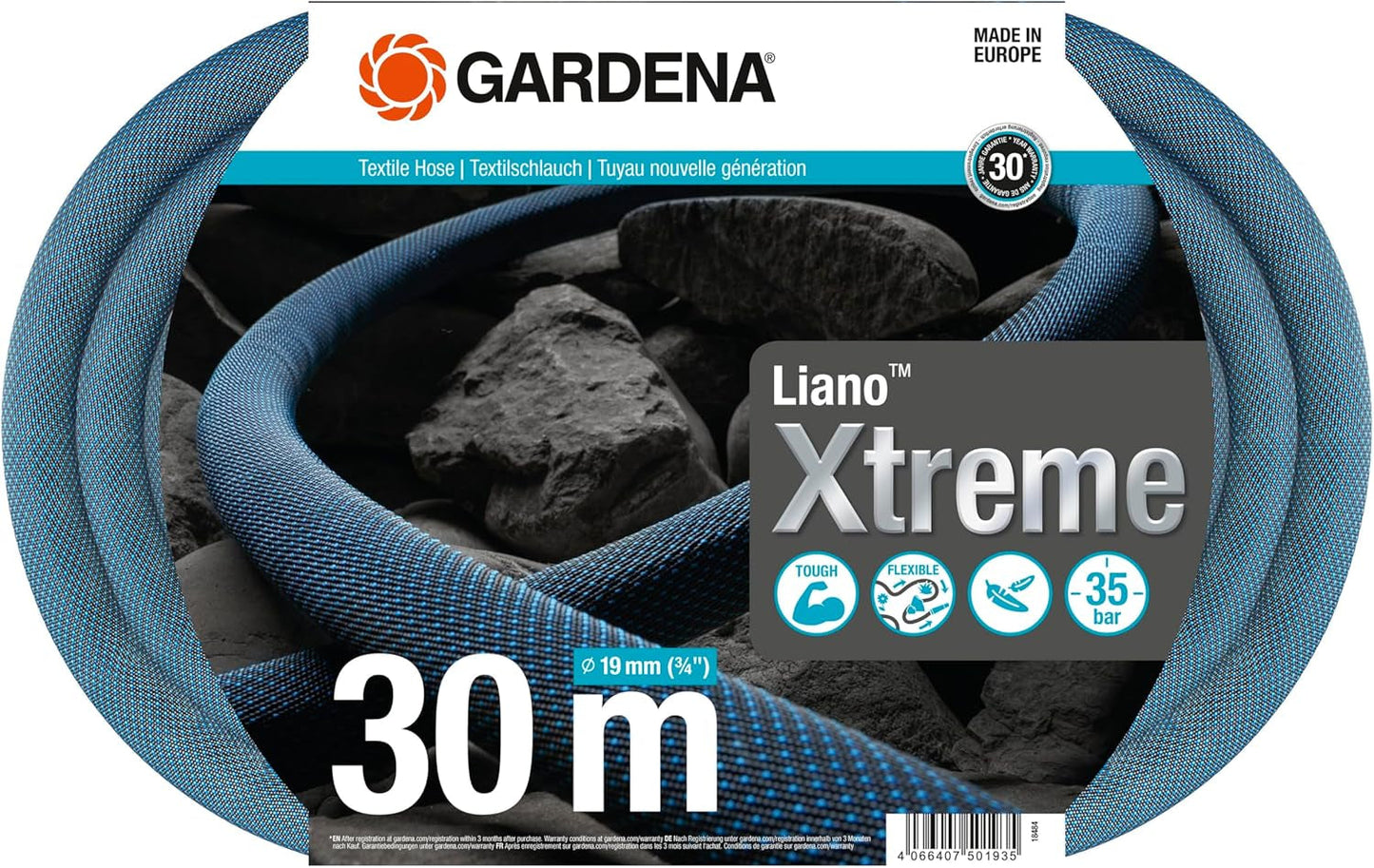 Gardena Liano Xtreme 3/4 tum, Set 30m: Extremt robust textil trädgårdsslang med PVC innerslang, lätt, väderbeständig (18484-20), Flerfärgad