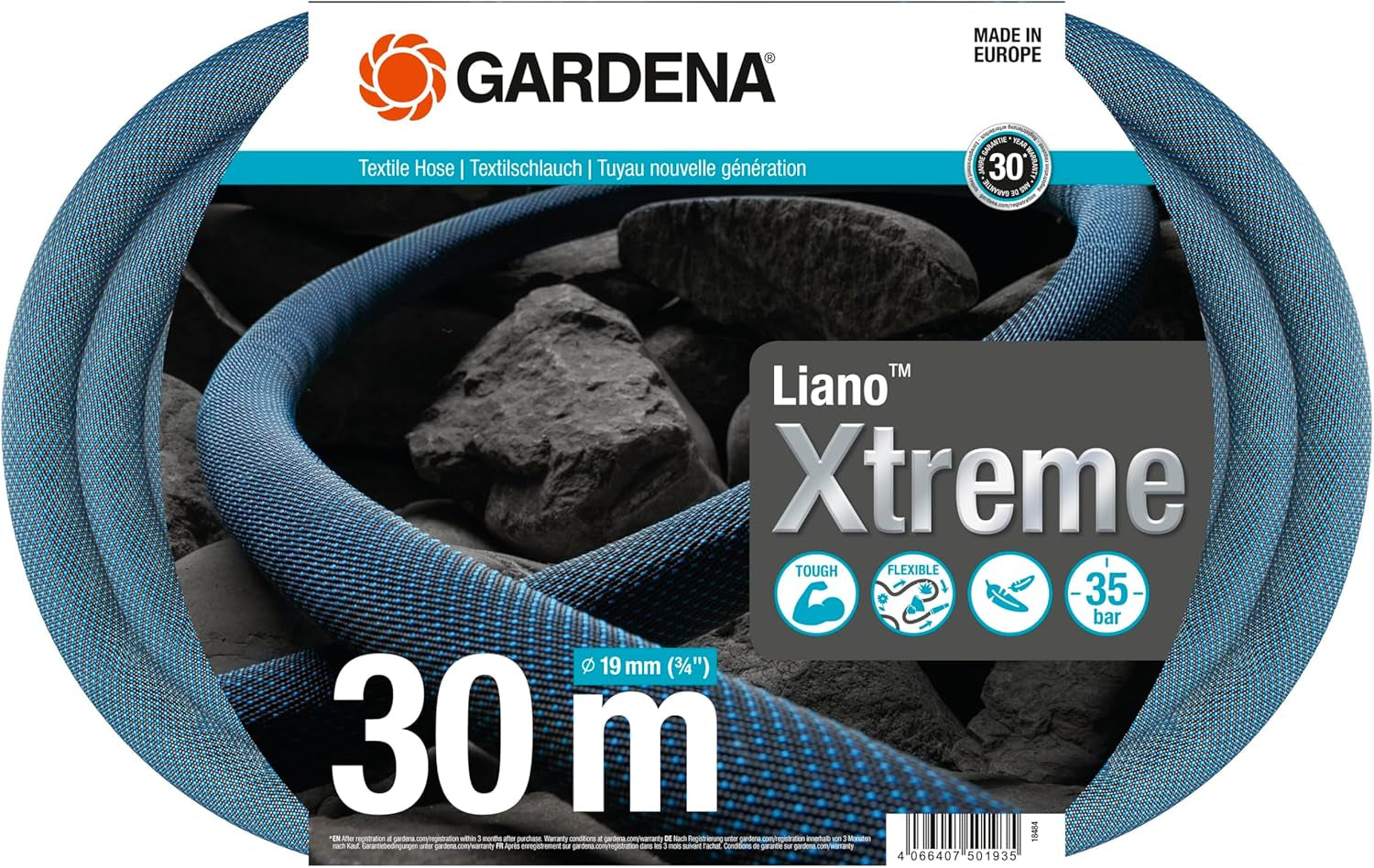 Gardena Liano Xtreme 3/4 tum, Set 30m: Extremt robust textil trädgårdsslang med PVC innerslang, lätt, väderbeständig (18484-20), Flerfärgad