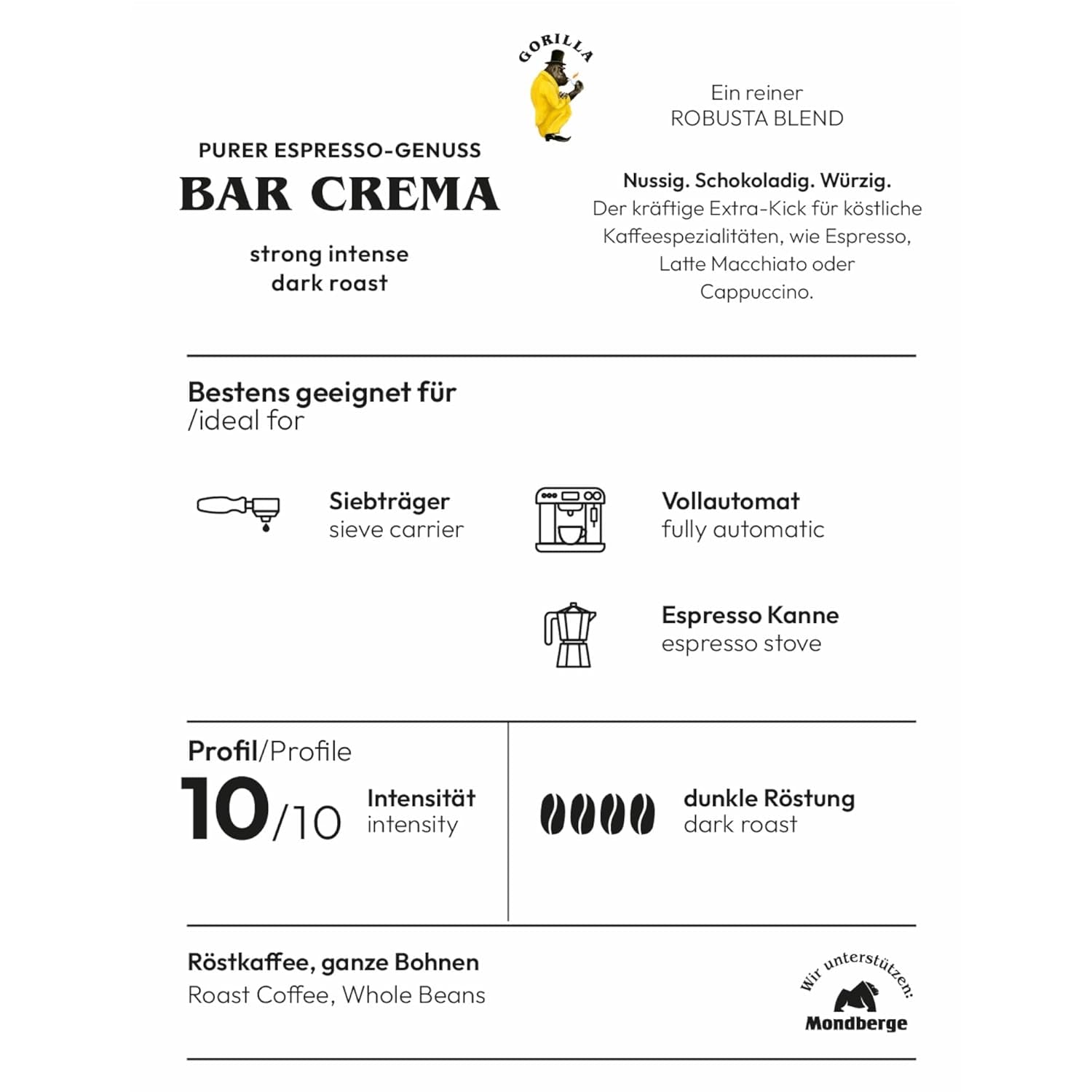 Gorilla Espresso Bar Crema kaffebönor - 12 förpackningar à 1000g vardera