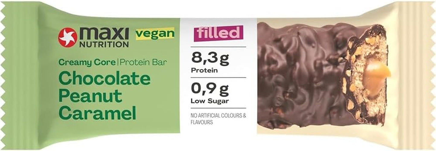 MaxiNutrition Krämig vegansk proteinbar med choklad, jordnötter och kola 12x45g - vegansk proteinbar, 18% protein, 8,3g per bar, låg sockerhalt (0,9g), inget tillsatt socker, inga konstgjorda smakämnen