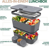 Umami Lunchbox för vuxna, Stapelbar Bento-låda med 4 bestick och fack, Vuxen Lunchbox, To-go-salladsbehållare, Picknick-/kontorslunchlåda, kolgrå, 1500 ml matförvaringslådor Naty Shop