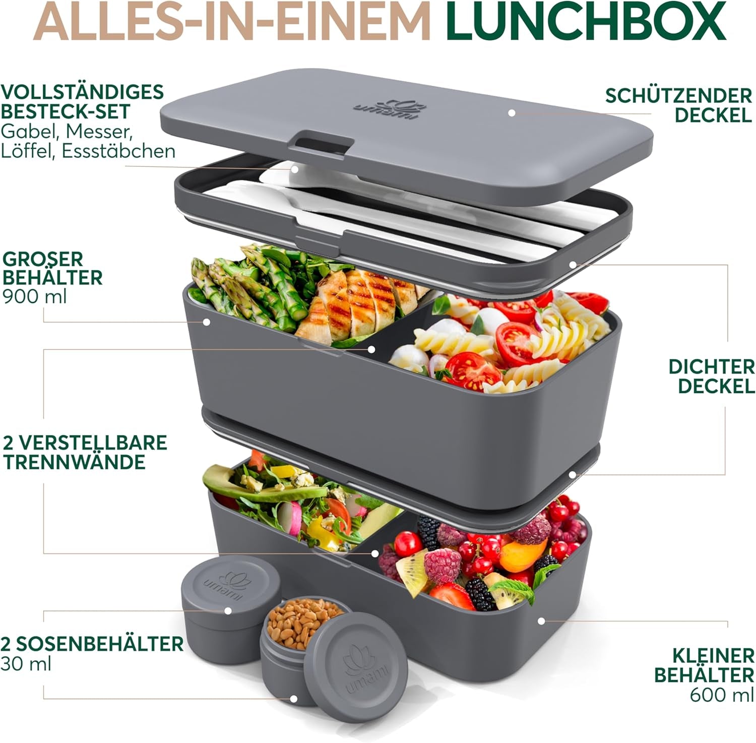 Umami Lunchbox för vuxna, Stapelbar Bento-låda med 4 bestick och fack, Vuxen Lunchbox, To-go-salladsbehållare, Picknick-/kontorslunchlåda, kolgrå, 1500 ml matförvaringslådor Naty Shop