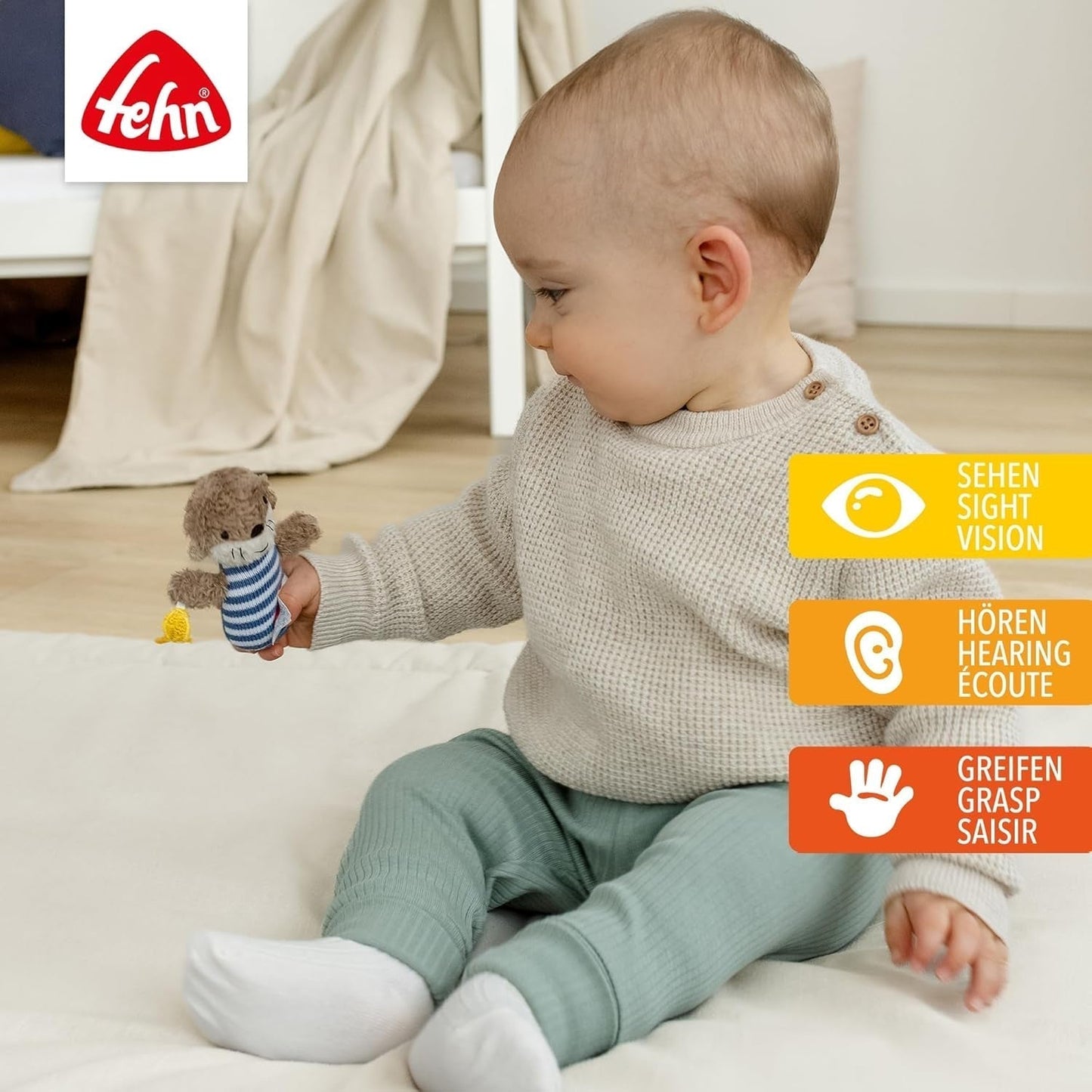 Fehn mini rattle utter - mini gripleksak för att skramla, famla och leka med ett mjukt och gosigt tygdjur - en lojal följeslagare för spädbarn och småbarn i åldern 0+ månader Baby Toys Naty Shop