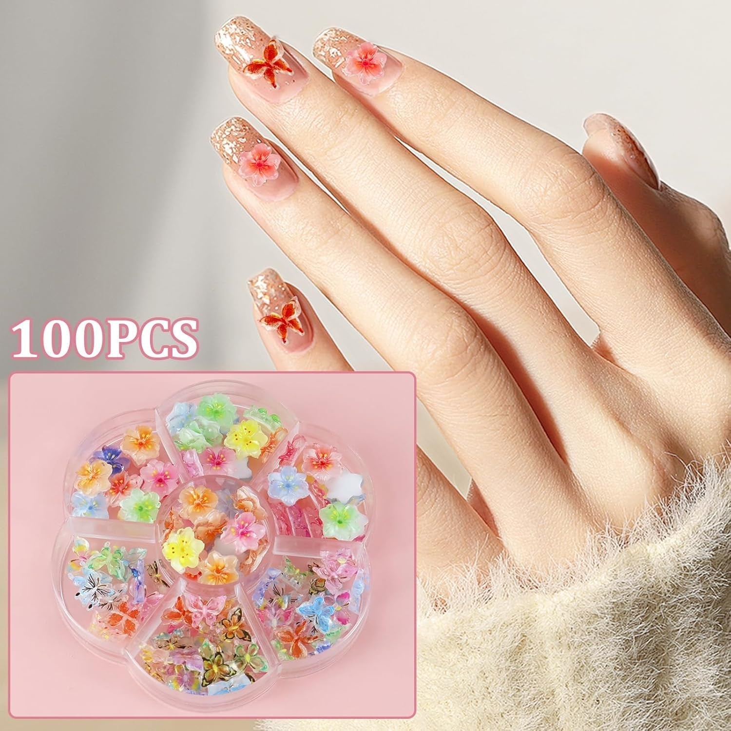 YICH Nail Charms Nägel Charms 50st 3D Blommor + 50st 3D Schmetterling, Sommar Nägel Deko Set Schmetterling/Flowers Nail Art Nailart