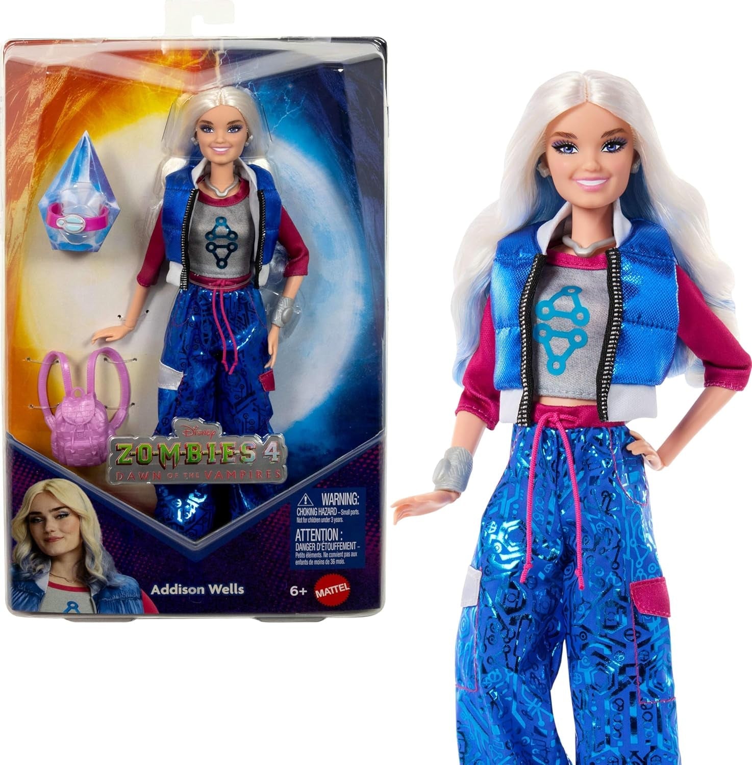 Mattel Disney Zombies 4: Dawn of the Vampires Addison Wells modedocka med avtagbar outfit och 6 filminspirerade tillbehör, JFG32