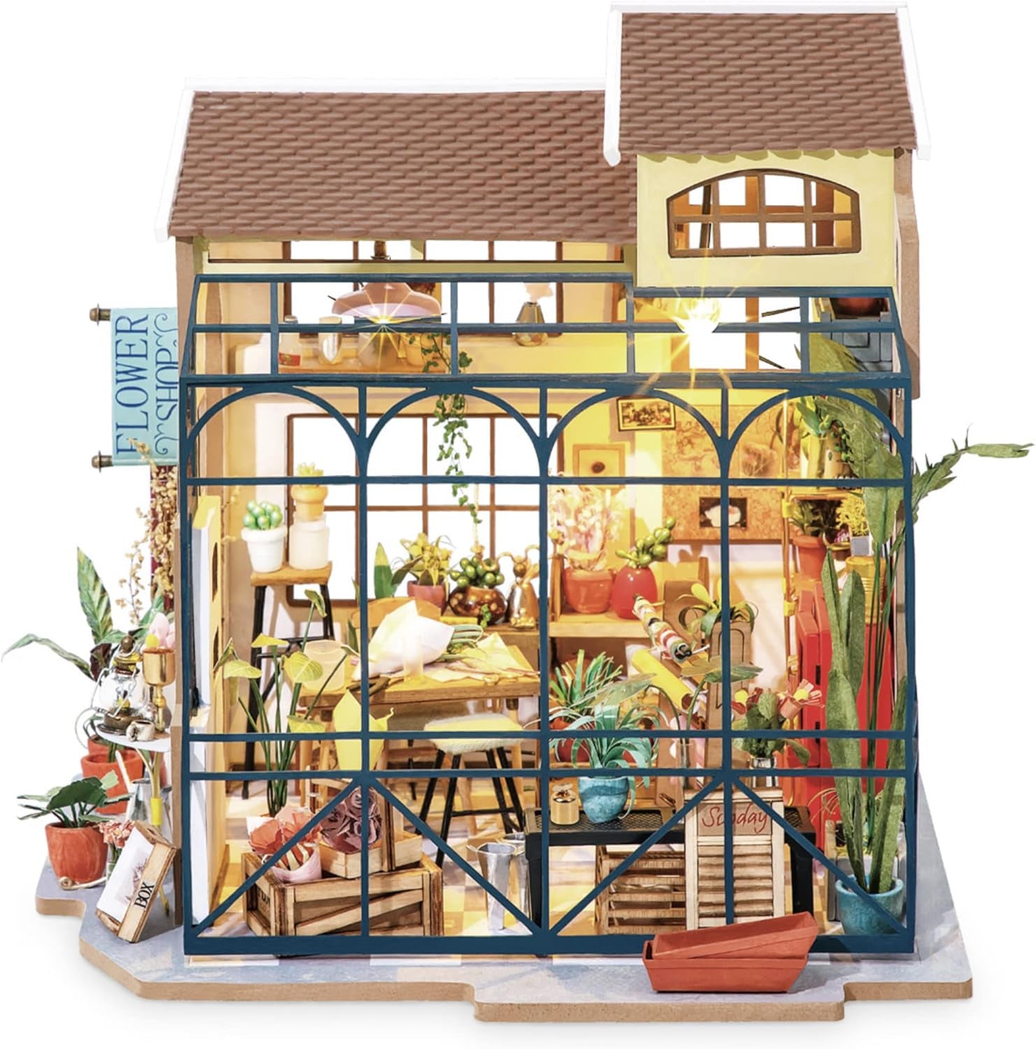 Robotime DG145 Rolife Emily's Flower Shop Miniatyr dockhus Tillverkat av trä, metall, tyg och kartong, Mått: 22 X 15 X 17 Cm, Naty Shop dockhus