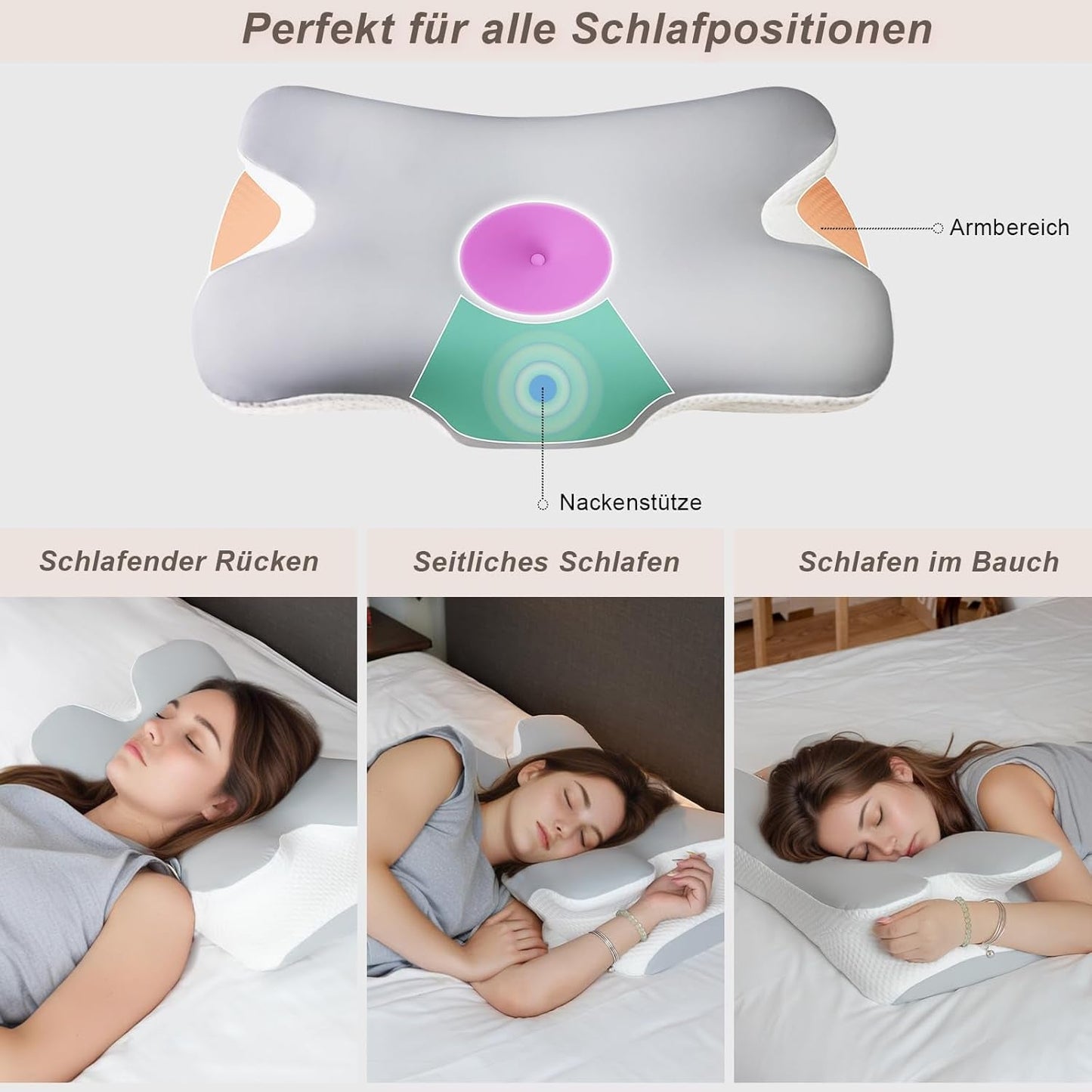 Nackkudde Ortopedisk Huvudkudde Memory Foam Kudde Side Impact Kudde - Ergonomisk design Ihålig form för sido-, rygg- och bukslag Ljusgrå cervikala ortopediska kuddar Naty Shop