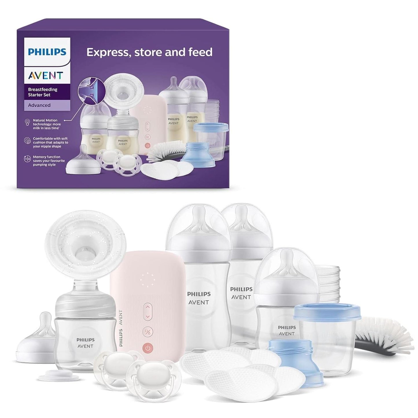 Philips Avent Elektrische Natural Motion Milchpumpe - Set Zum Abpumpen, Aufbewahren Und Füttern Inkl. Flaschen, Schnuller Und Becher (Modell SCD340/31) Mat och amningstillbehör Bebe Naty Shop