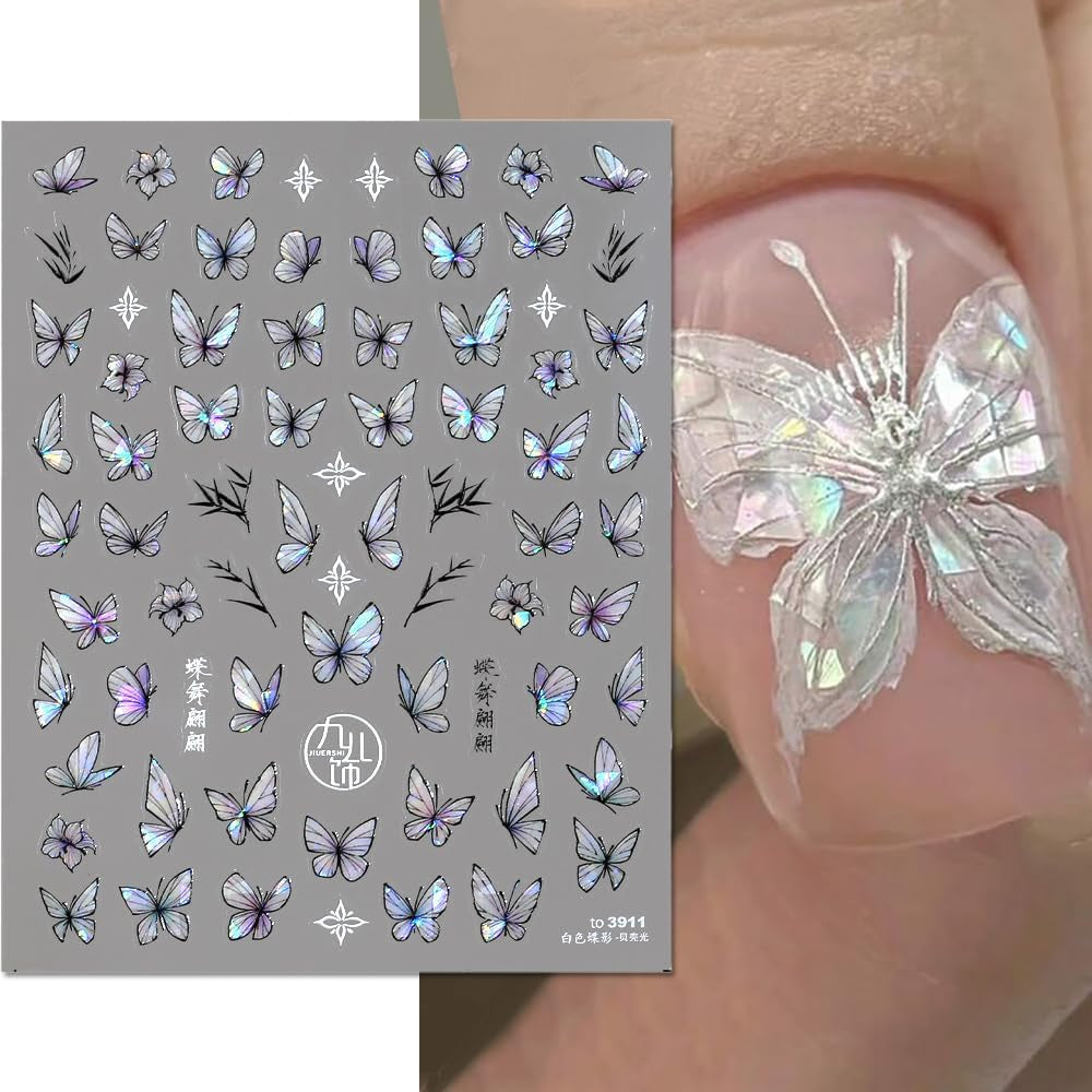2 Blätter Schmetterling Nagelsticker Selbstklebend,Muschel Glitzer Nail Art Butterfly Nagelsticker Lila Grau Schmetterlinge Nagelaufkleber Relief Laser Butterflies Nagel Sticker Nageldesign Zubehör