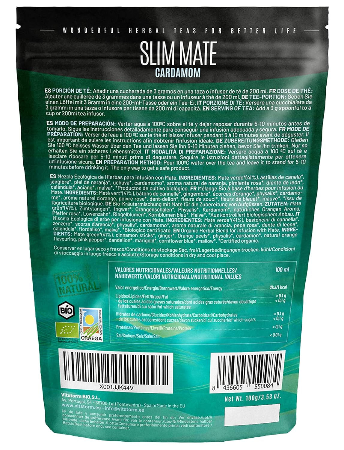 VITSTORM® Slim Tea Kardemumma – BIO Yerba Mate Tea – Detox och urindrivande te – 100G