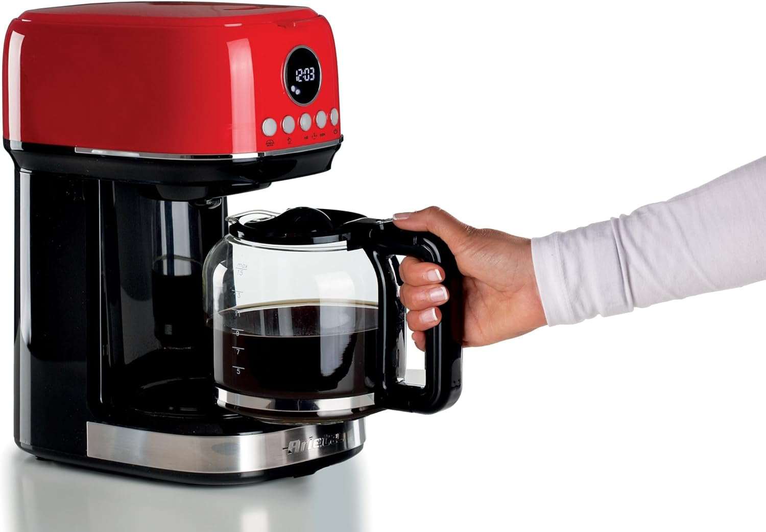 Ariete Moderna 1396 Filter Espressomaskin för att göra amerikanskt kaffe Upp till 15 koppar Glaskaraff Värmeplatta LCD-skärm Avtagbara och tvättbara filter Vita