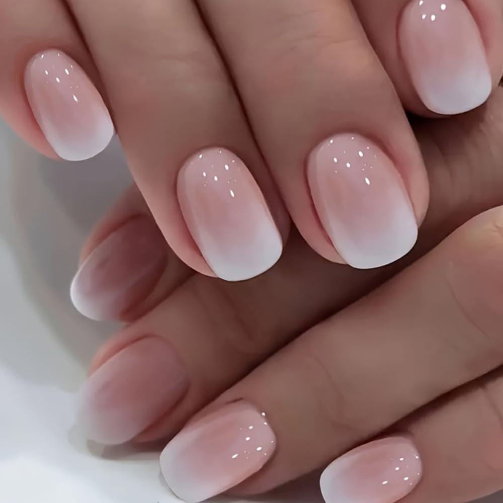 Självhäftande lösnaglar set - franska lösnaglar - 24 delar Kort fyrkantig design Vit Rosa Gradient Konstgjorda Naglar Ballerina Manikyr (Kort Rosa Gradient)