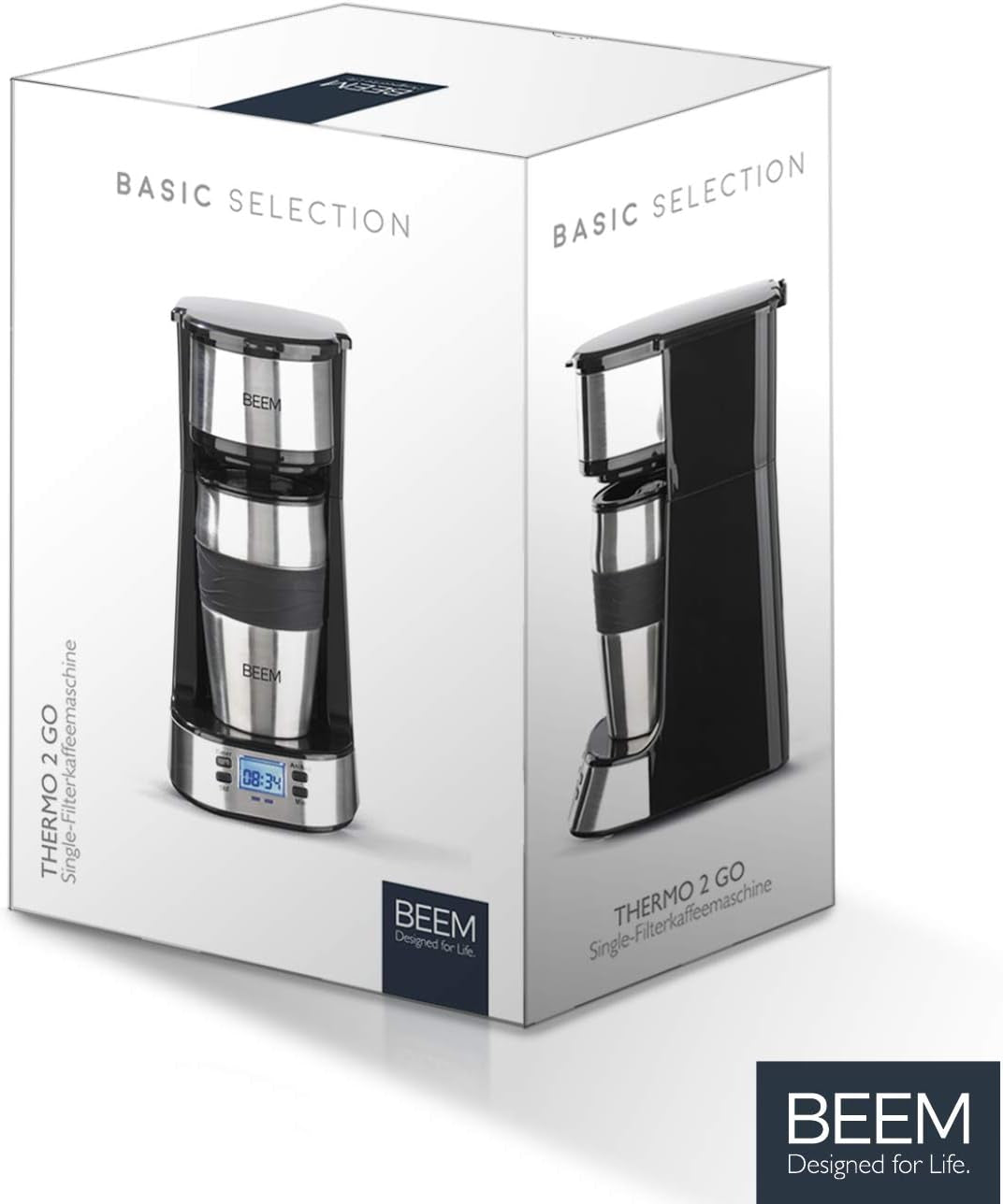 BEEM THERMO 2 GO enkelfilter espressomaskin med 0,4 l termokopp | Permanent filter | Med 24-timmars timer för en varm kopp kaffe på morgonen, ingen väntan | 750 W