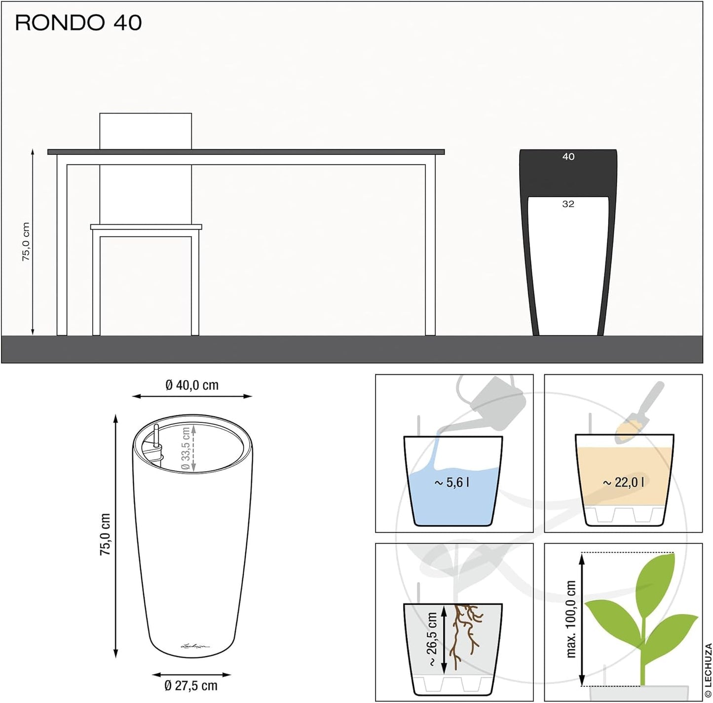Planteringsmaskin LECHUZA Rondo Premium 32 Matt Vit | Växtpelare med bevattningssystem, vattennivåindikator och växtinsats | Matt finish | Ø 32,5 x 56,5 cm | 15786