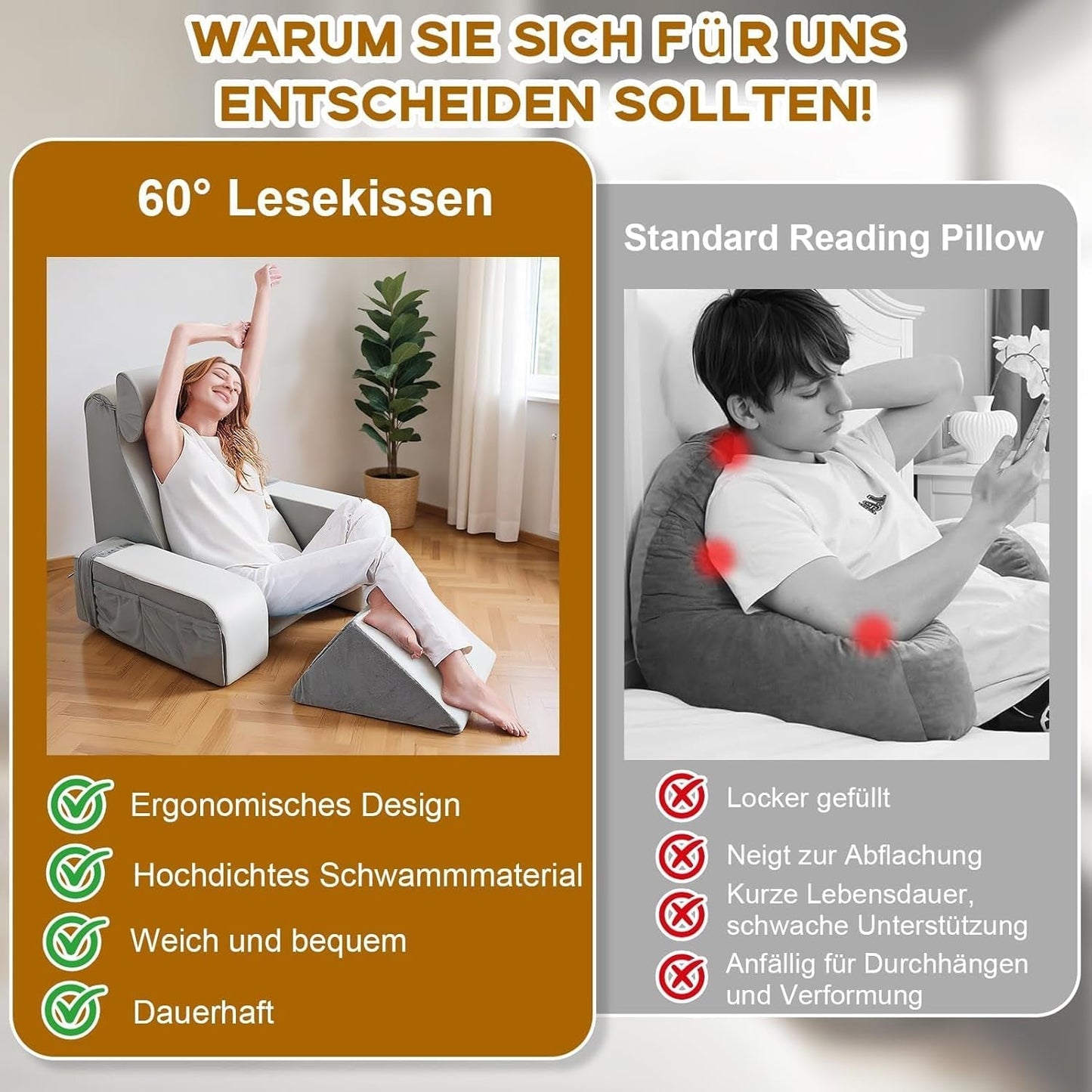 Läskudde med avtagbart nackstöd och armstöd, bekväm och lätt ryggkudde för säng och soffa, ryggkudde för vuxna, ryggstöd med memoryskum för läsning, titta på TV och TV-spel