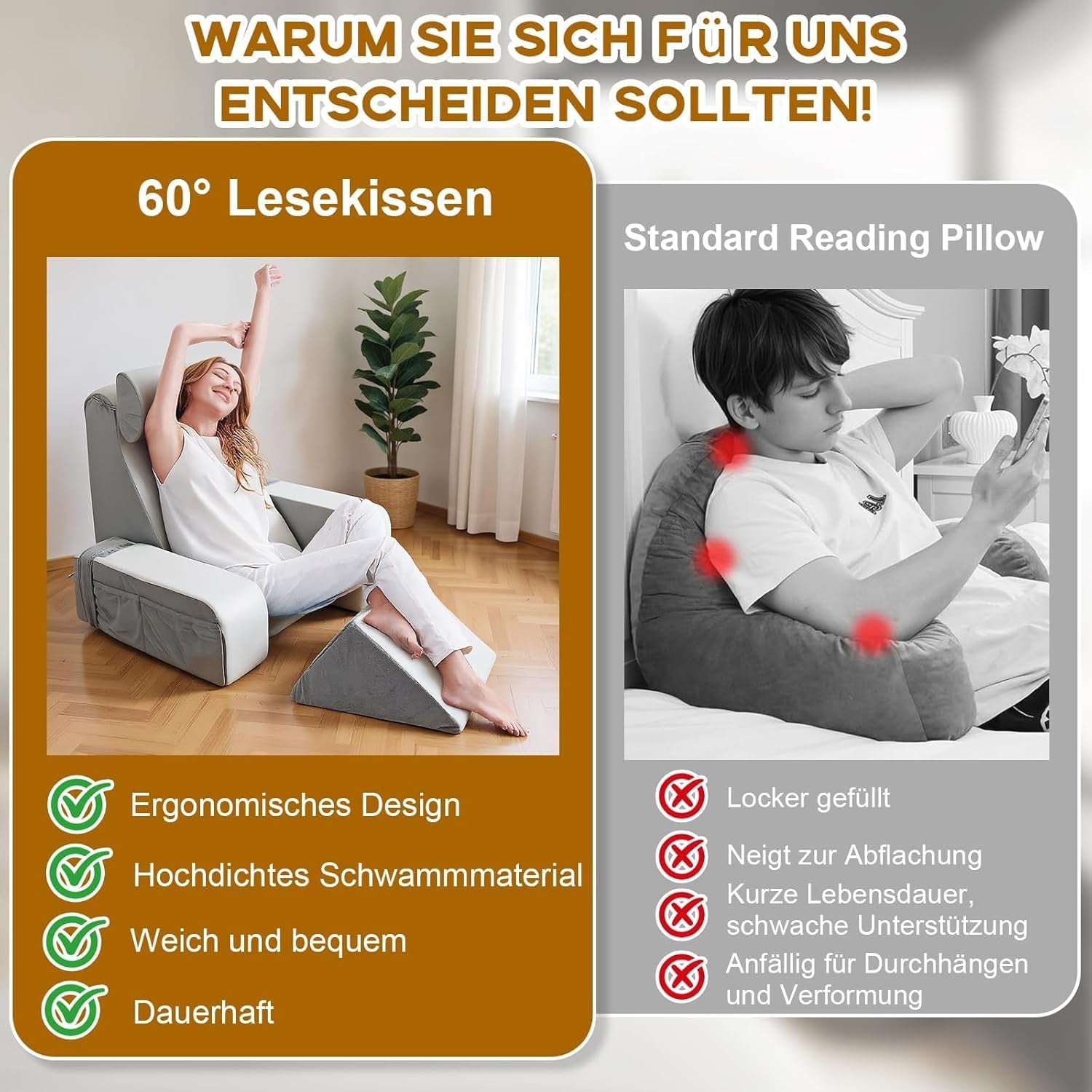 Läskudde med avtagbart nackstöd och armstöd, bekväm och lätt ryggkudde för säng och soffa, ryggkudde för vuxna, ryggstöd med memoryskum för läsning, titta på TV och TV-spel