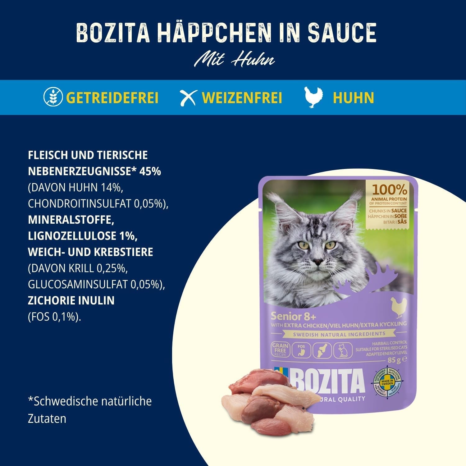 Bozita Senior 8+ Mound våtmat för katter med spannmål och massor av kyckling - 12 påsar x 85g, spannmåls- och vetefritt våtmat för katter - Våtmat för katter med 8,5 % protein och 4,5 % fett