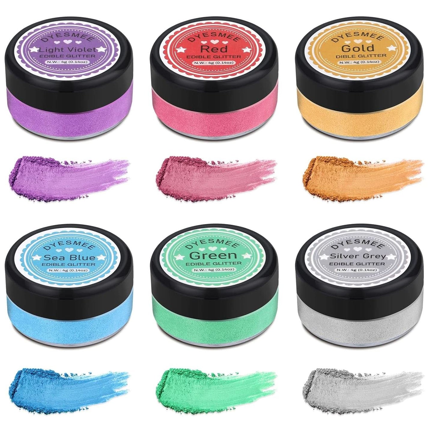 Ätbart glitter, Set med 4 eller 6 färgnyanser, 4 gram per produkt Glitter Naty Shop 6 färger