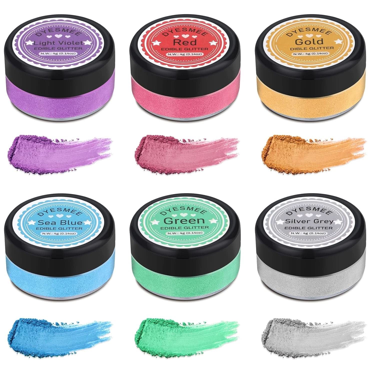Ätbart glitter, Set med 4 eller 6 färgnyanser, 4 gram per produkt Glitter Naty Shop 6 färger