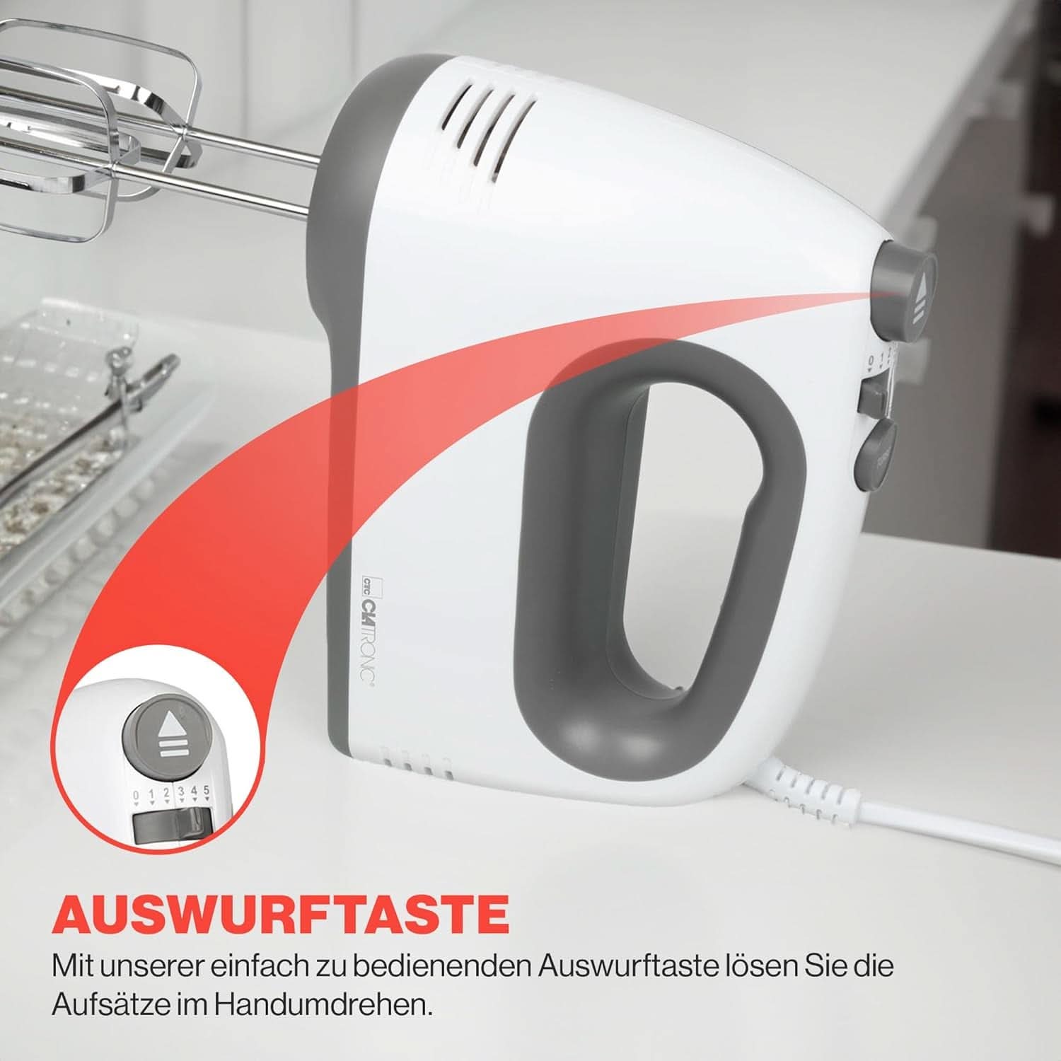 Clatronic Mixer | Kraftvoller 400 Watt-motor | Handmixer | Turbostufe & 5 Geschwindigkeitsstufen | Handmixer | Spülmaschinengeeignete Edelstahlquirle Und -Knethaken | HM 3775 Kitchen Naty Shop