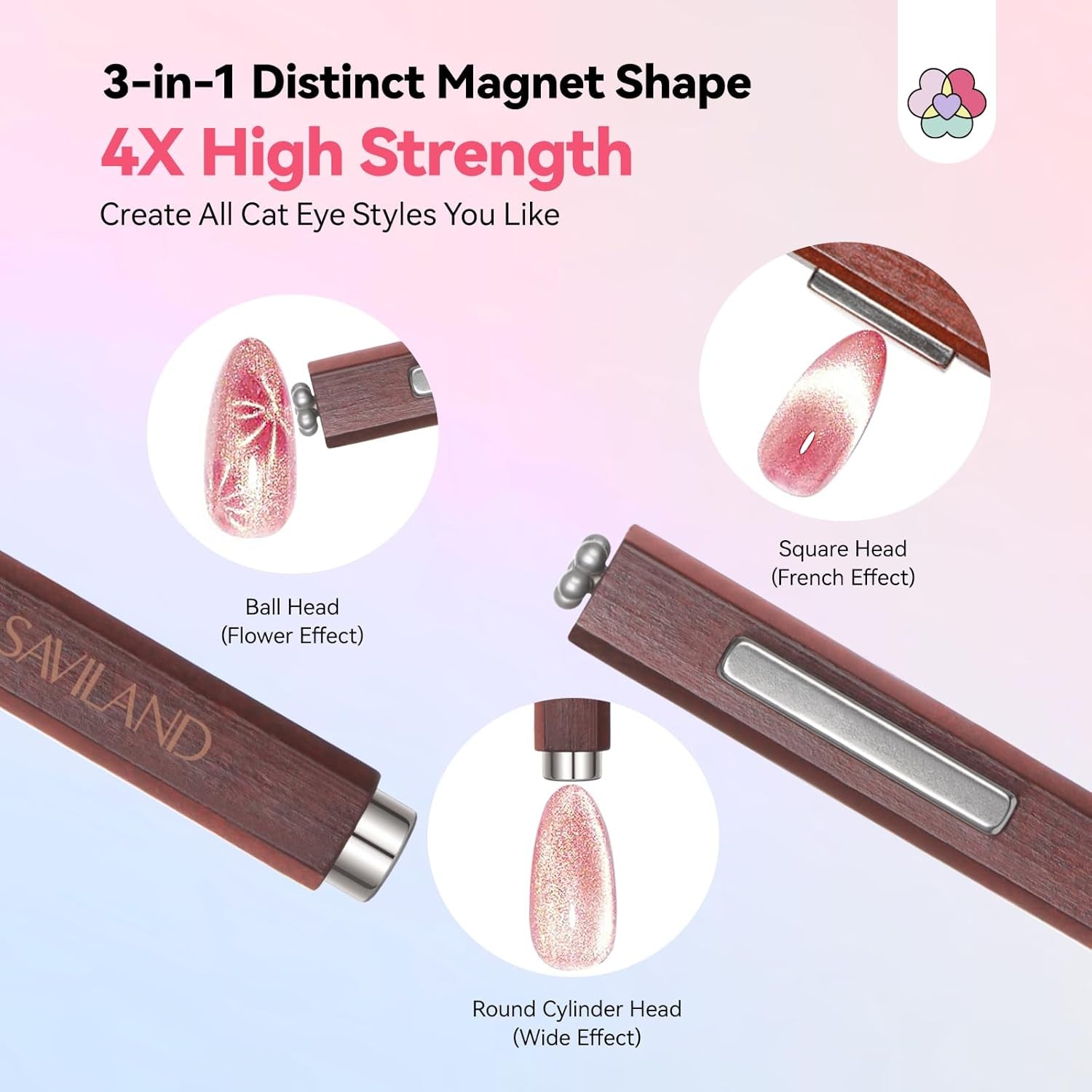 SAVILAND 4X Hochfester Cat Eye Magnet Für Nagel: 3-I-1 Nagel Magnet Rund Lange Streifenperle N35 Neodym Ultra Strong Magnet Für Nagellack Präzise 3S Formung Cat Eye Gel Nagellack Magnet Magnetstift