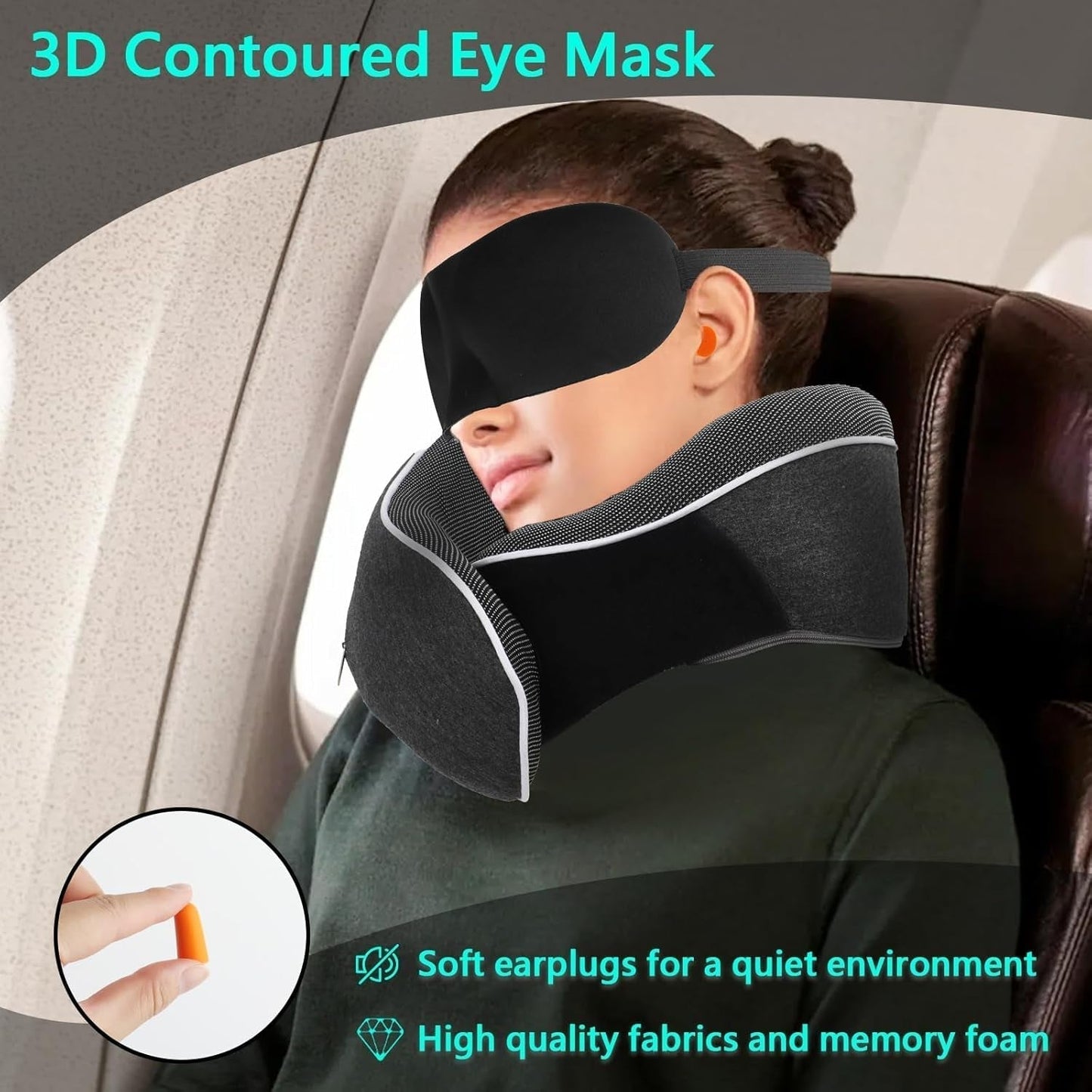 KILDOWS Flygplans nackkudde, Memory Foam Resekudde, Flygplans Resekudde med ögonmask och öronproppar, Ortopedisk Nackkudde, Perfekt för resor med flyg, bil, tåg Cervikala ortopediska kuddar Naty Shop